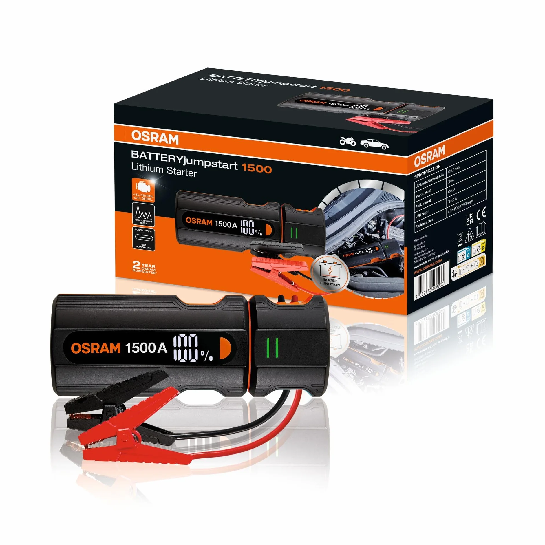 OSRAM BATTERYjumpstart 1500, power bank z rozrusznikiem, litowy rozrusznik, do pojazdów 12 V z silnikami benzynowymi o pojemności do 6,0 l i wysokoprężnymi o pojemności 3,0 l