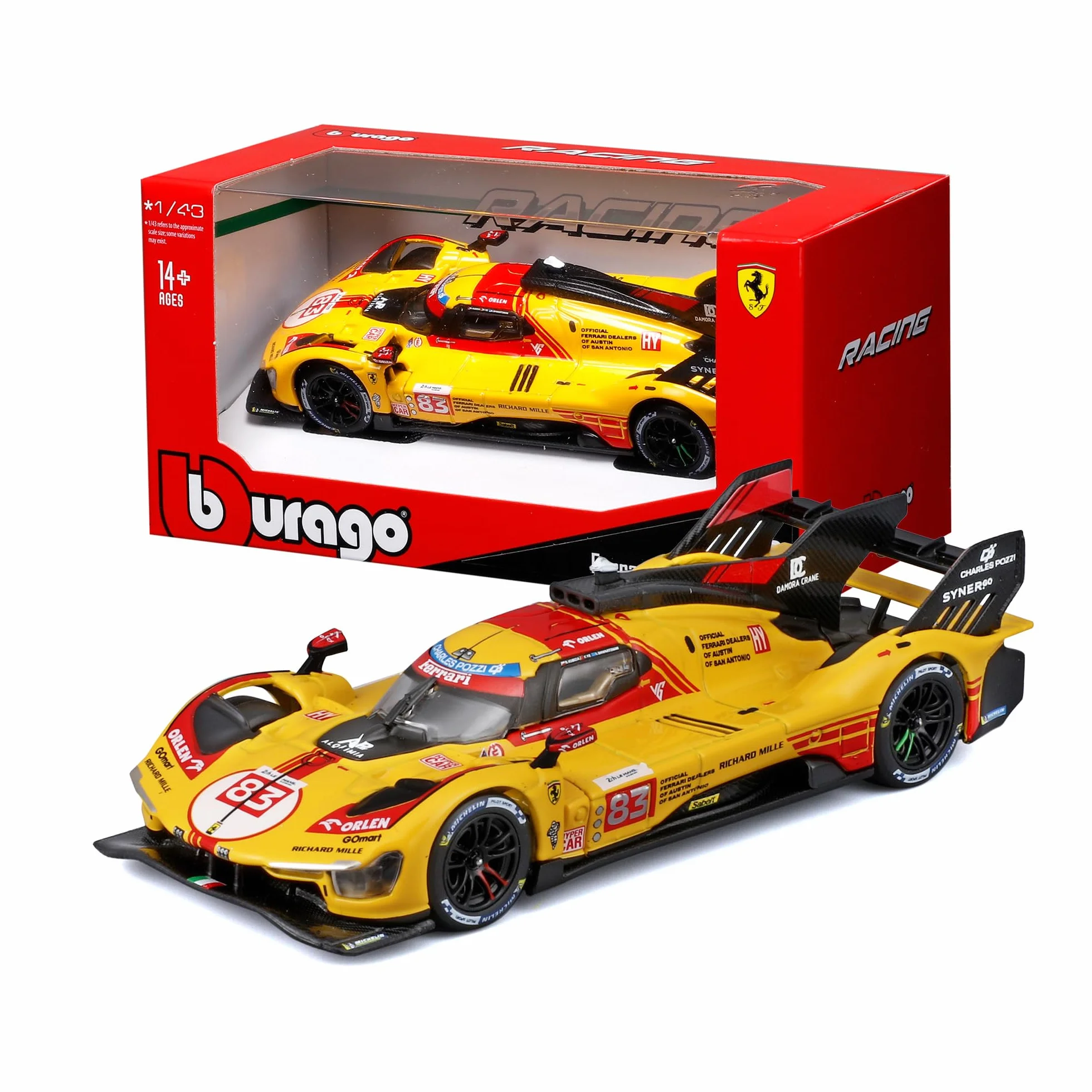 Bburago - Ferrari 499P 24H LMH Hypercar 2024#83, samochód diecast w skali 1:43, szczegółowa replika AF Corse dla Le Mans, oficjalna licencja Ferrari, zalecany wiek 14+ lat