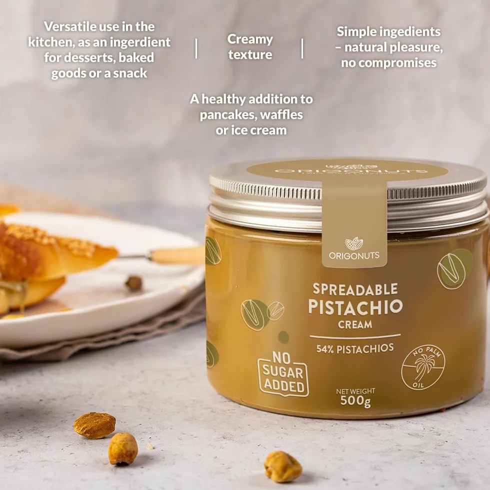 ORIGONUTS - Krem Pistacjowy - Pasta Pistacjowa 54% pistacji, słodzona maltitolem, bez cukru i oleju palmowego - do ciast, ciasteczek, tortów, kremów, deserów, do lodów - 500g