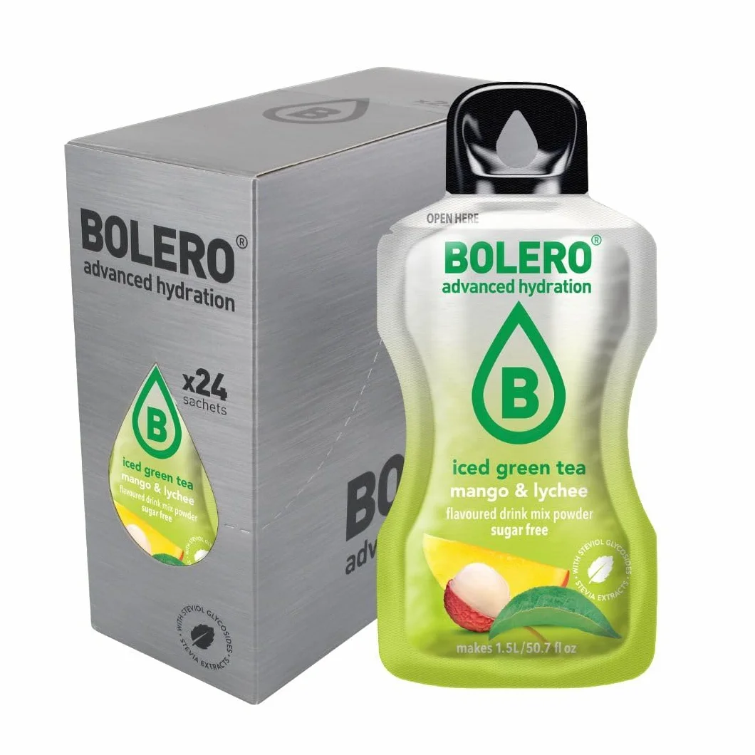 Bolero ICED GREEN TEA 24x8g | Saftpulver ohne Zucker, gesüßt mit Stevia + Vitamin C | geeignet für Kinder, Sportler und Diabetiker | glutenfrei und veganfreundlich (24x8g, MANGO & LYCHEE)