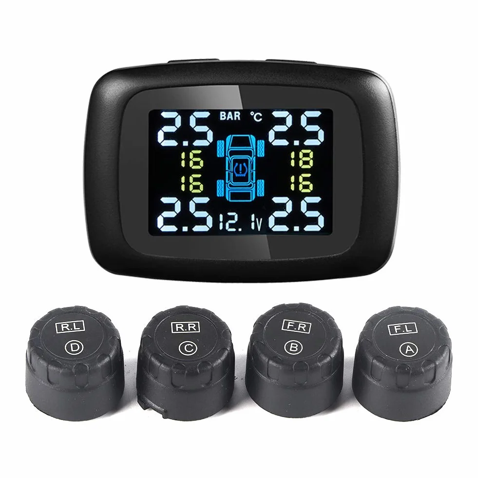 Terisass TPMS DC 12V samochód 433,92 MHz System monitorowania ciśnienia w oponach Wyświetlacz zapalniczki z 4 szt.Zestaw uniwersalnych czujników zewnętrznych C-100