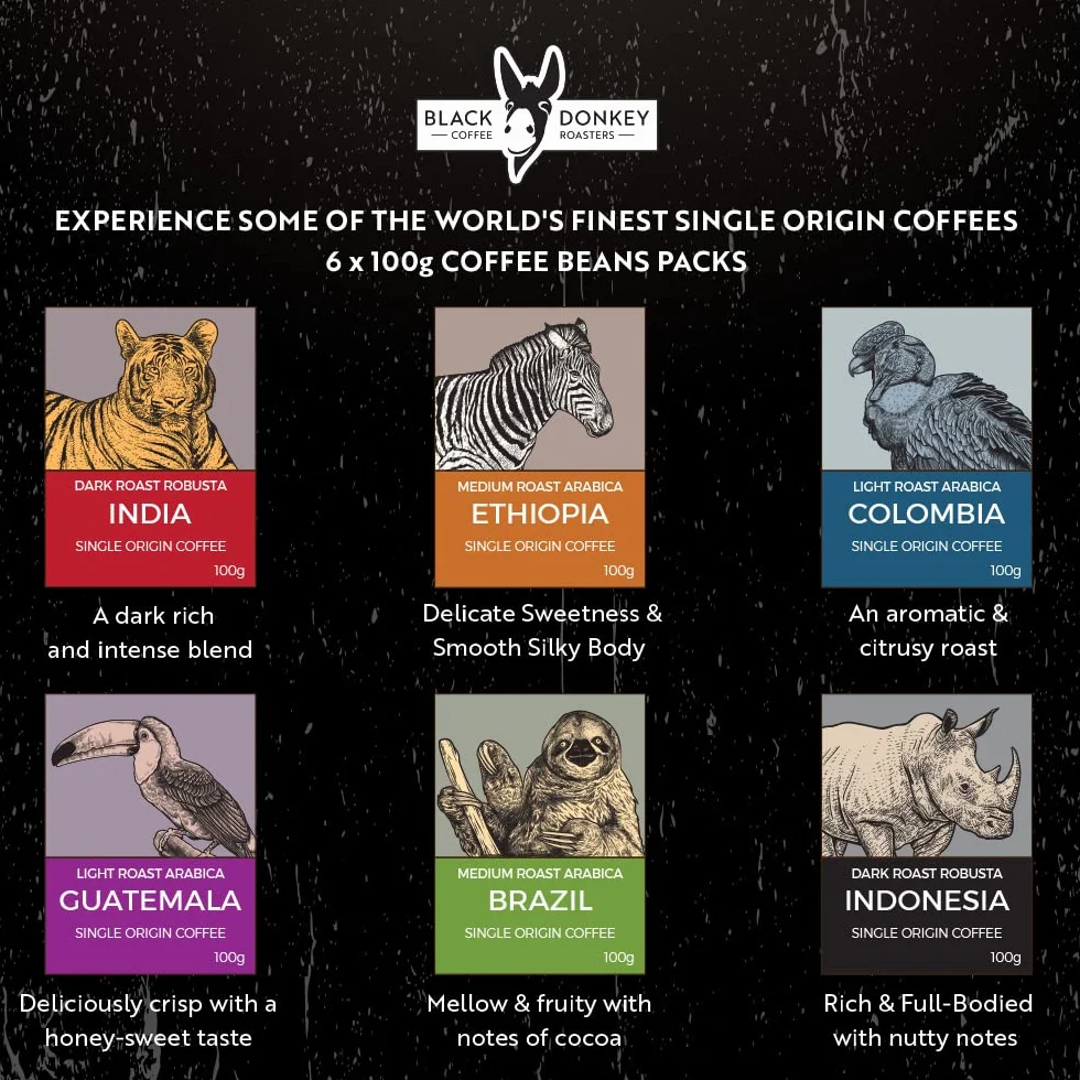 Zestaw Prezentowy - COFFEES OF THE WORLD | Ziarna Kawy 600g (6 x 100g) - 6 Najwyższej Jakości Kaw Jednorodnych | Pomysł na Prezent dla niego lub dla niej