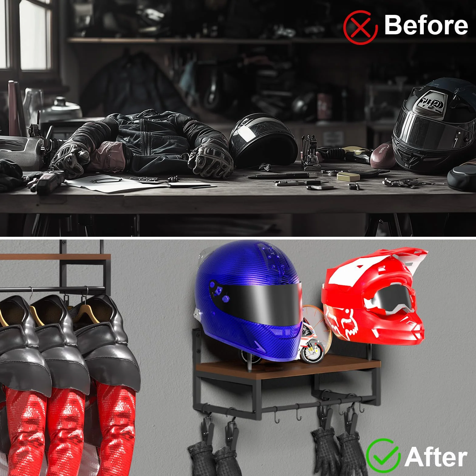 Uchwyt ścienny kask motocyklowy, uchwyt ścienny w stylu retro, organizer ekspozycyjny z akcesoriami motocyklowymi z 2 stojaki na kask taktyczny, do piłki nożnej i sprzętu rowerowego