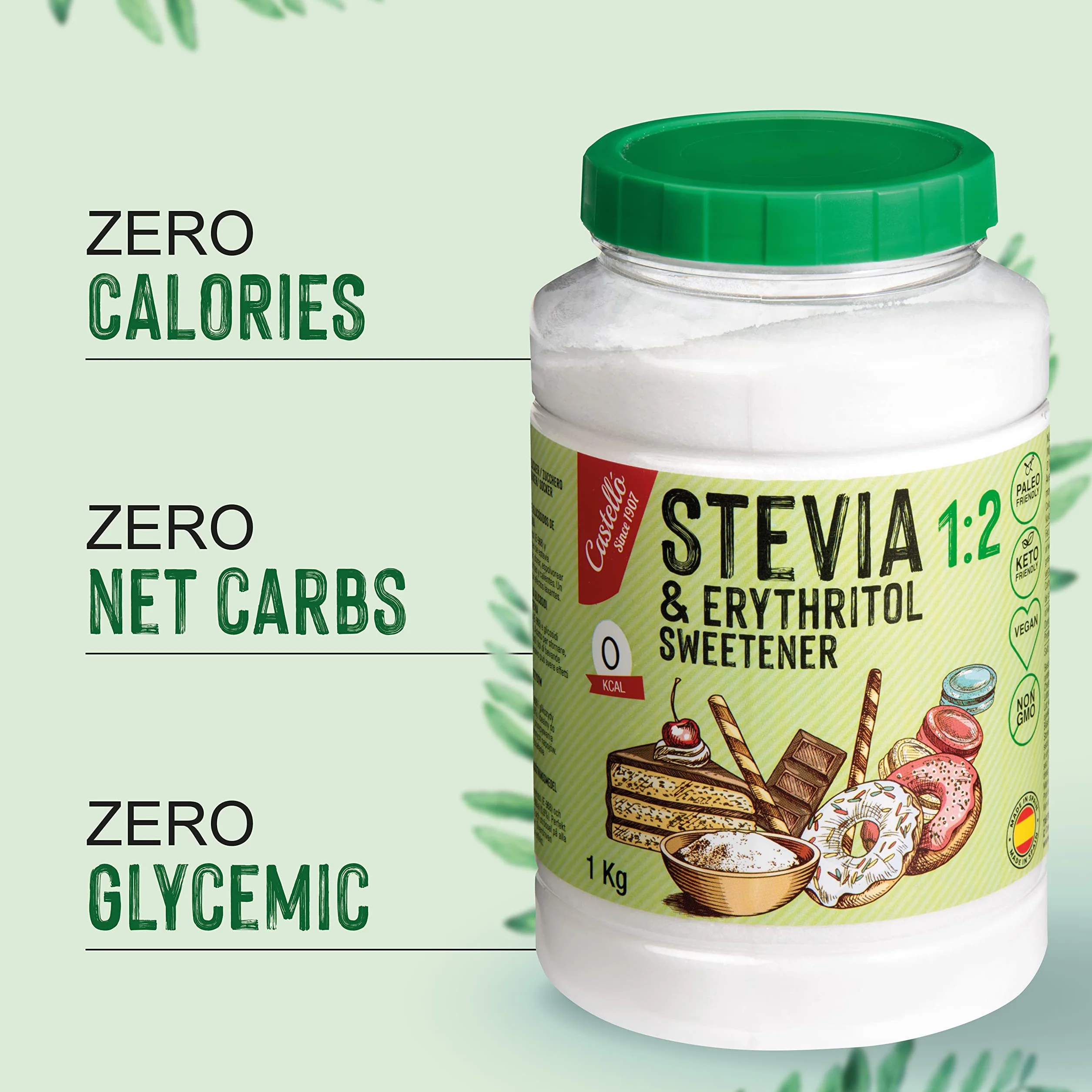 Słodzik Stevia + Erytrytol 1:2 | 1g = 2g cukru | Słodzik o 100% naturalnym smaku - 0 Kalorii - 0 Indeks Glikemiczny - Keto i Paleo - 0 Węglowodanów Netto - Bez GMO - Castello since 1907-1 kg