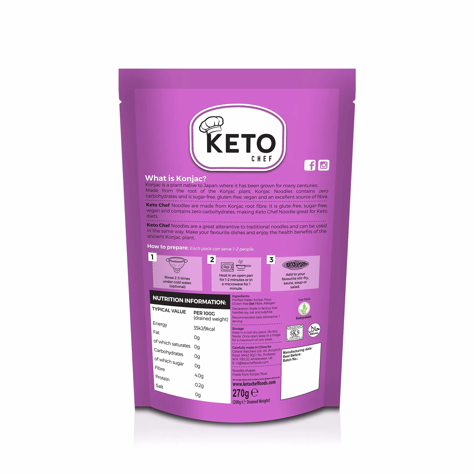Keto Chef Smukły wegański makaron do kuchenki mikrofalowej - bez Konjac, natychmiastowy makaron Shirataki, bez węglowodanów i cukru, zdrowa dieta niskokaloryczna przyjazna paleo | Gotowa do spożycia
