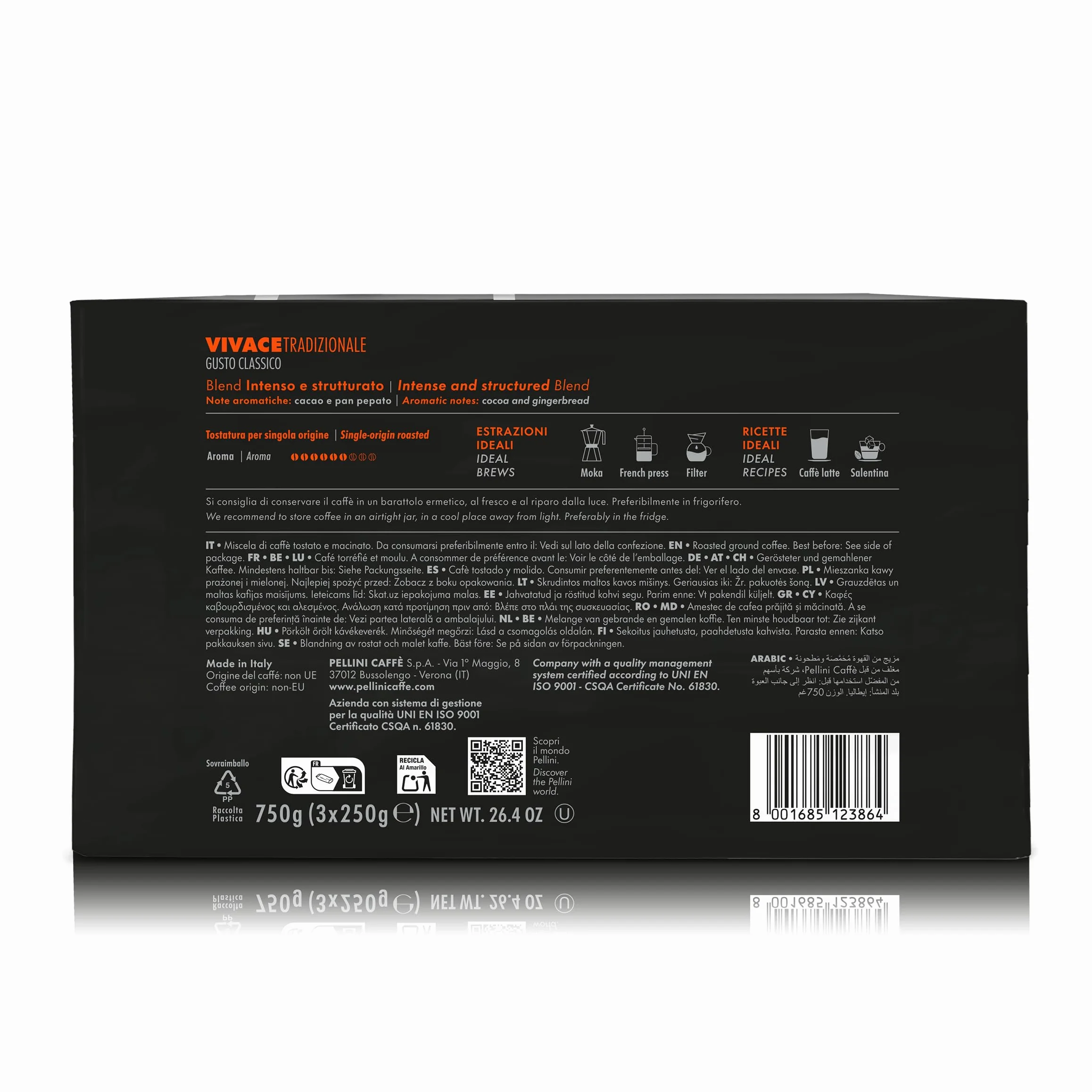 Pellini N.42 Tradycyjna kawa mielona do ekspresu do kawy o mocnym i intensywnym smaku, mieszanka Arabica i Robsta, mocne palenie, 3 opakowania po 250 g