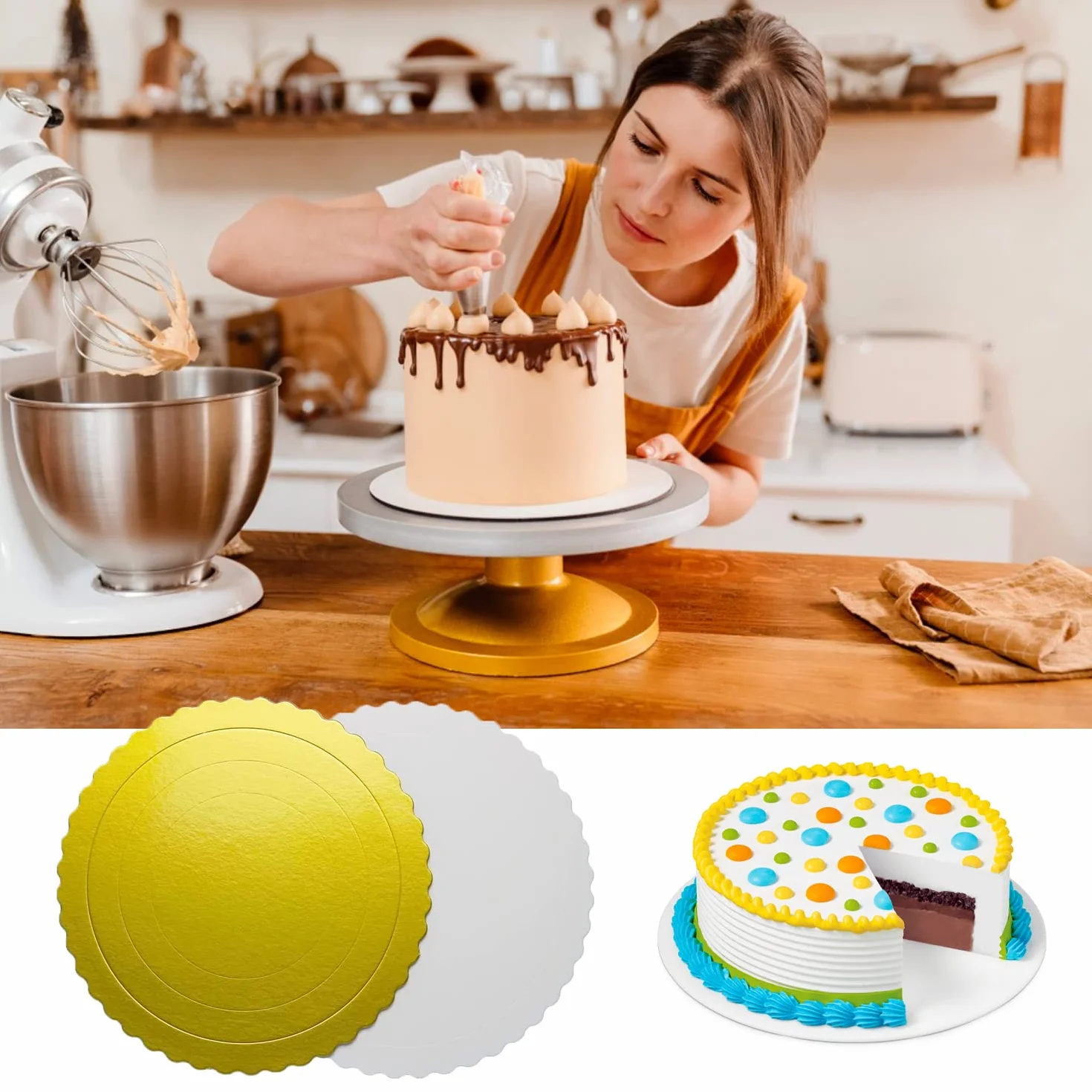Cake Drum Gold Biały Papierowy Cake Board Ø 20 cm 10 sztuk