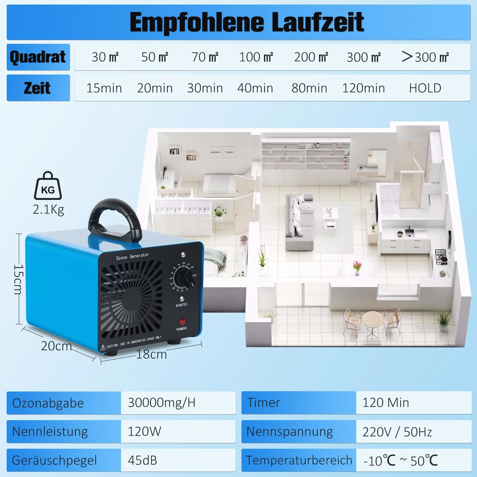 Generator ozonu 30000 mg/h oczyszczacz powietrza ozonator O3 do 300 m² timer 120 minut