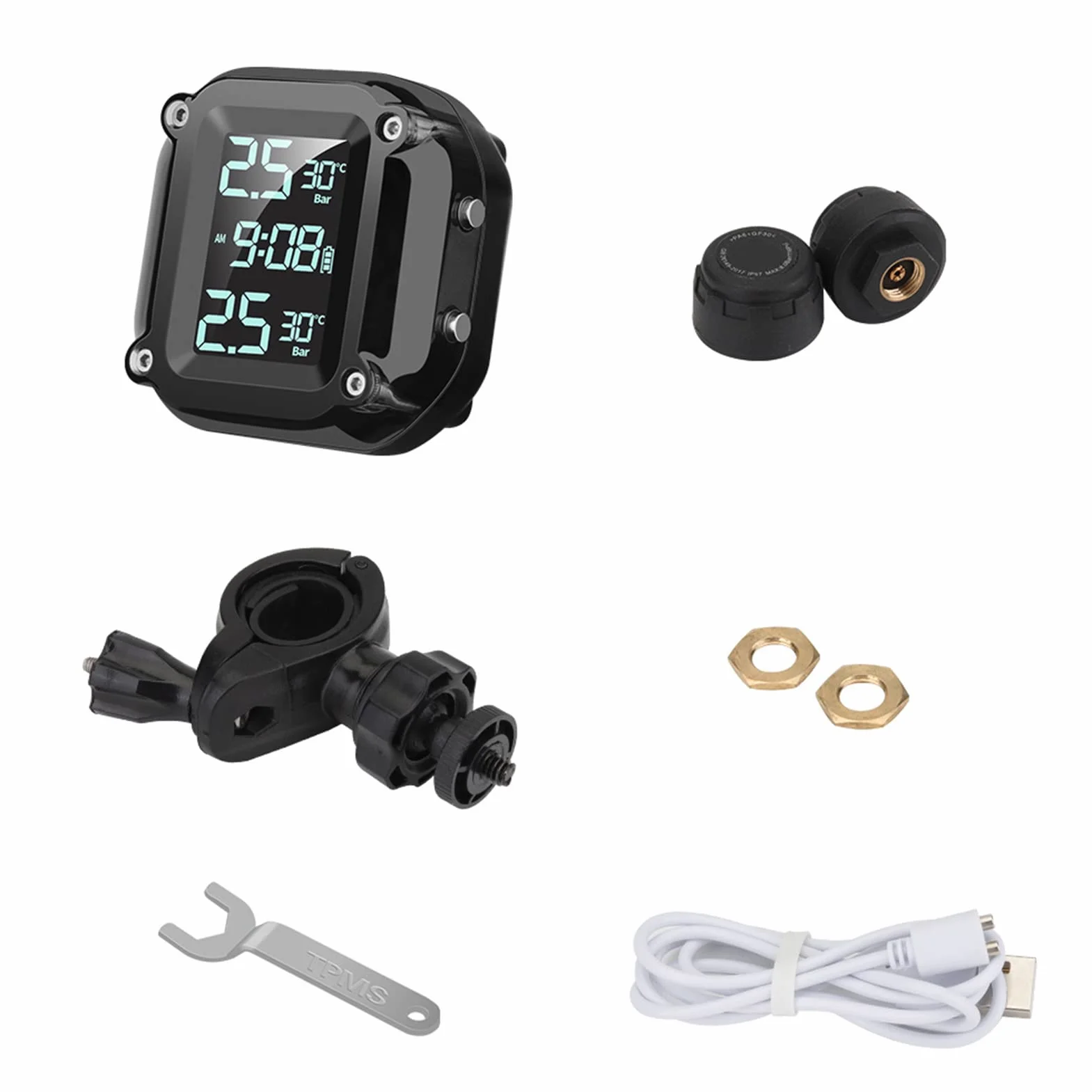 Shkalacar Manometr pneumatyczny TPMS do motocykli, bezprzewodowy miernik ciśnienia ładowania USB z 2 czujnikami zewnętrznymi cyfrowy wyświetlacz LCD do motocykla dwukołowego