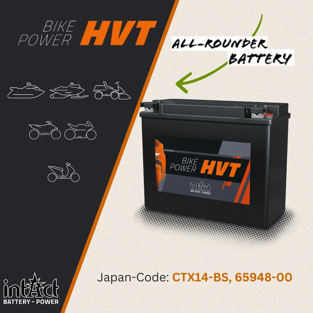 intAct Bike-Power HVT-08 CTX14-BS 12V 14 Ah 250 A EN Odporny na wibracje Akumulator Motocyklowy AGM