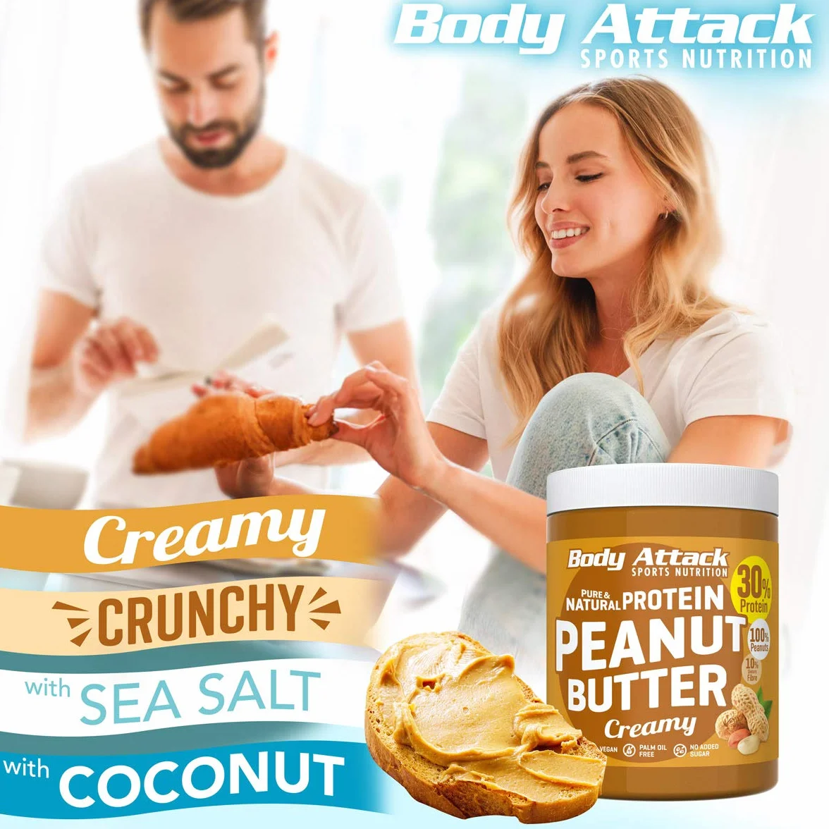 Body Attack Protein Peanut Masło, 1 kg, Creamy, wegańskie, naturalne masło orzechowe bez soli i tłuszczu palmowego - niskocukrowy mus orzechowy z 30% białkiem