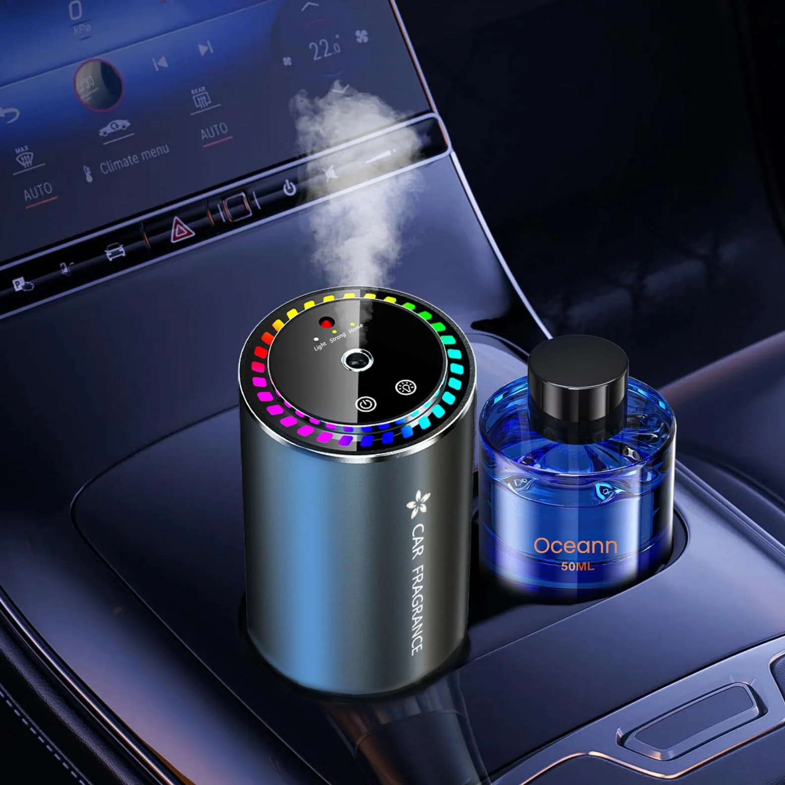 2025 Odświeżacz Powietrza do Samochodu 50ml Perfum, Dyfuzor Zapachu, 3 Tryby, Ultradźwiękowy, Auto ON/OFF, Akumulator, 5 Miesięcy Użytkowania (Czujnik Muzyczny) BJ-579 (Morska Bryza)