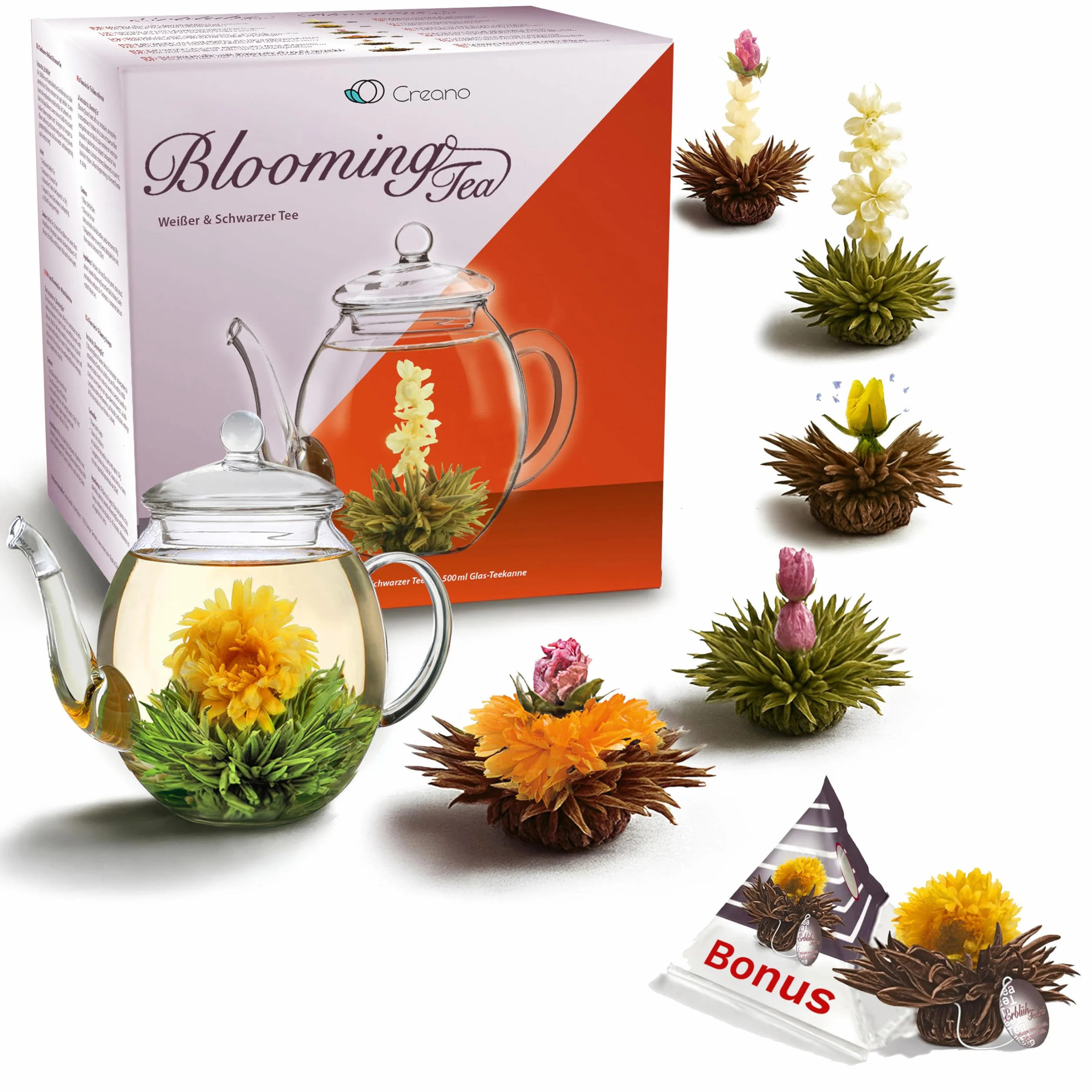 Creano Zestaw prezentowy z kwiatami herbaty - herbata kwitnąca ze szklanym dzbankiem 500ml i 6x czarna i biała herbata + 1x kula bonusowa Teelini czarna herbata - 8-częściowy