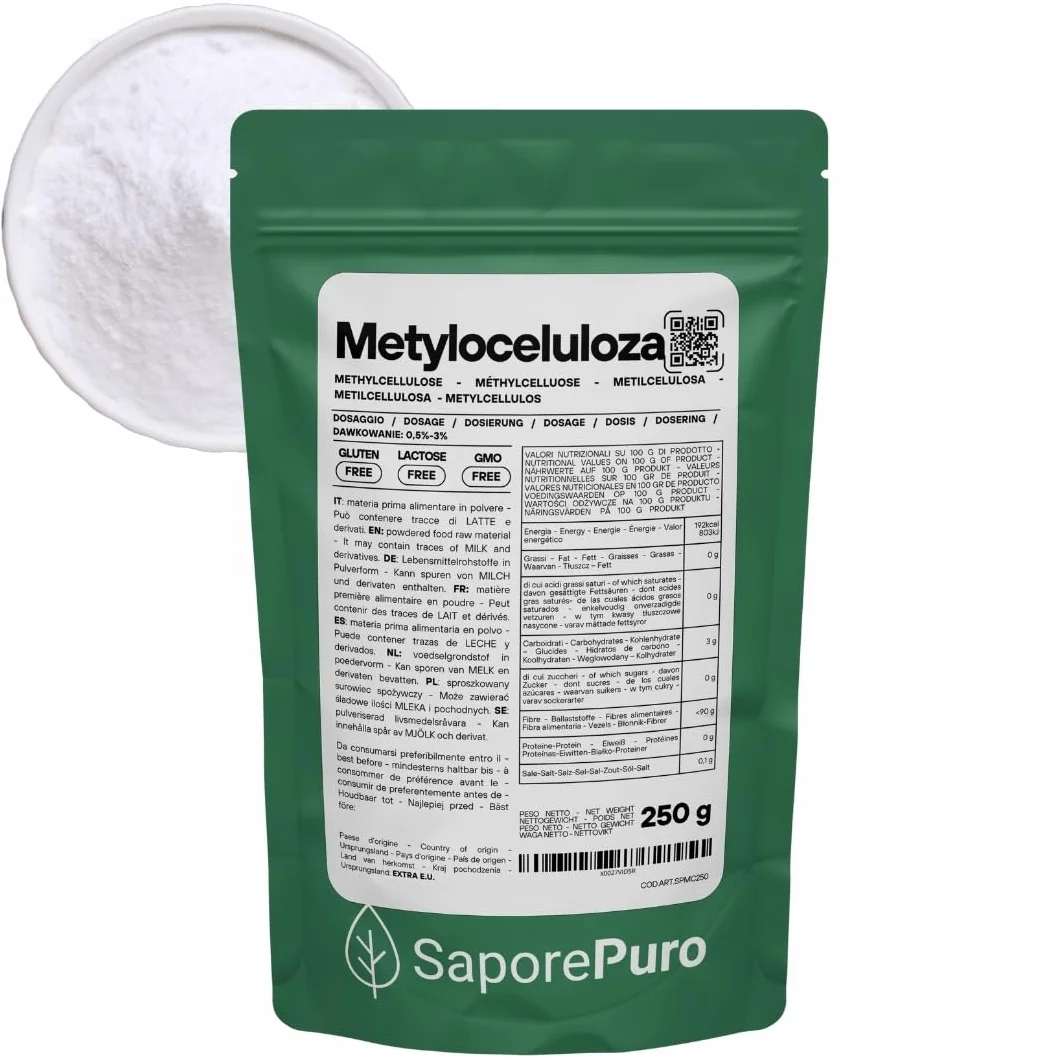 SaporePuro Metyloceluloza w Proszku 250 g – Naturalny Zagęstnik Bezglutenowy do Zastosowań Spożywczych, Kosmetycznych i Przemysłowych