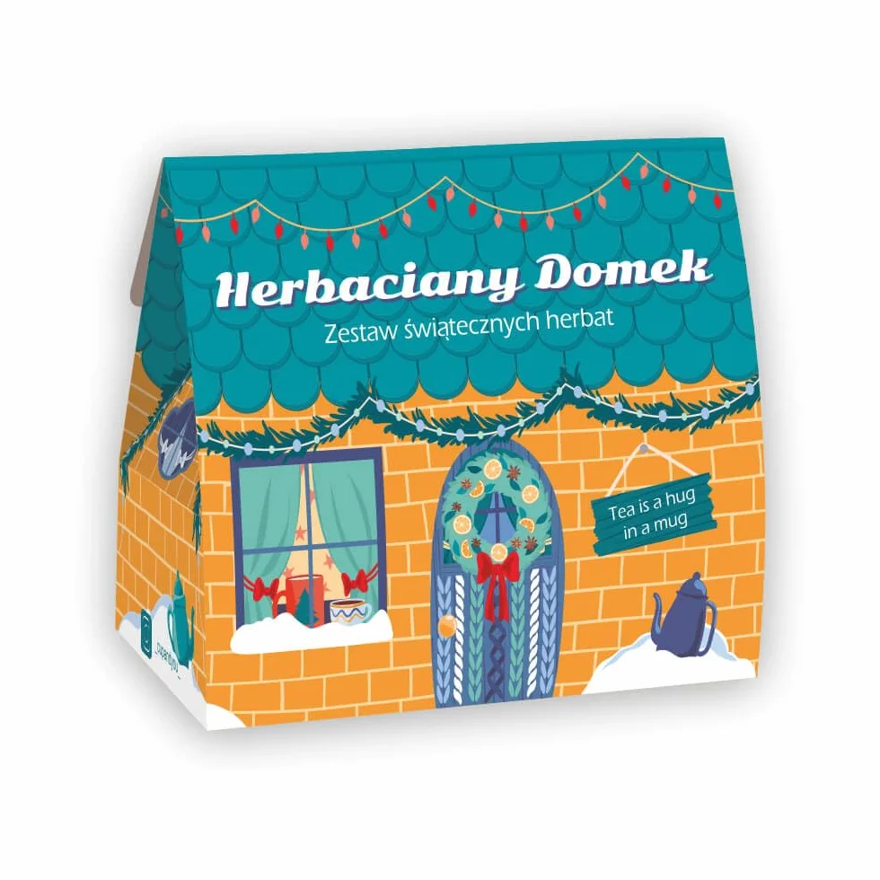 Świąteczny zestaw Herbaciany domek - 5 saszetek z herbatą sypaną różnego rodzaju i smaku w opakowaniu prezentowym na święta Bożego Narodzenia i Mikołajki