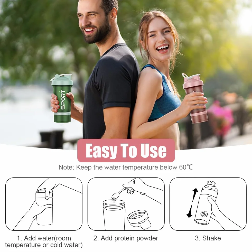 Shaker proteinowy, 2 sztuki po 500ml, butelka shakera proteinowego, shaker fitness z 2 kulkami miksującymi ze stali nierdzewnej, bez BPA ze skalą pomiarową do proszku proteinowego, koktajlu