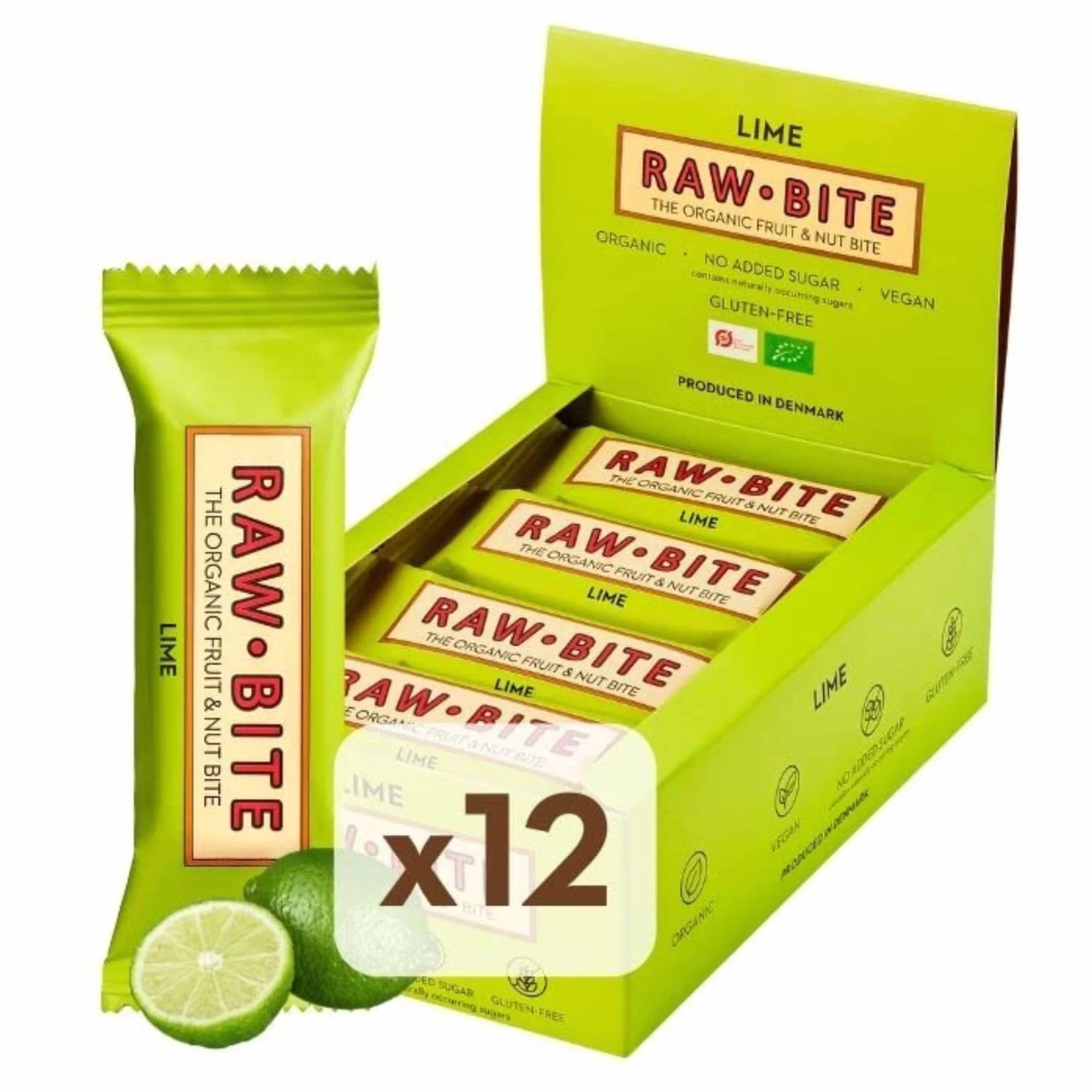 RAWBITE LIME w pudełku 12 szt. – wegańskie, bezglutenowe i bez dodatku cukru – batoniki owocowo-orzechowe z sokiem z limonki (12 x 50 g)