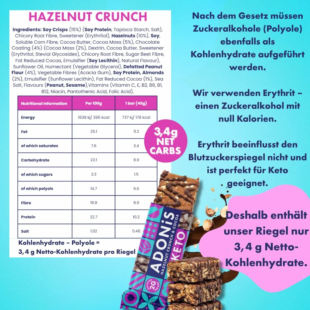 Adonis Proteinowy Keto Batonik Orzechami Laskowymi Czekolasowy Baton Keto Bar Naturalne Low Carb Wysoka białka Niskowęglowdanowy Wegański Niski Cukier Niskokaloryczne Utrata Wagi 16 Sztuk