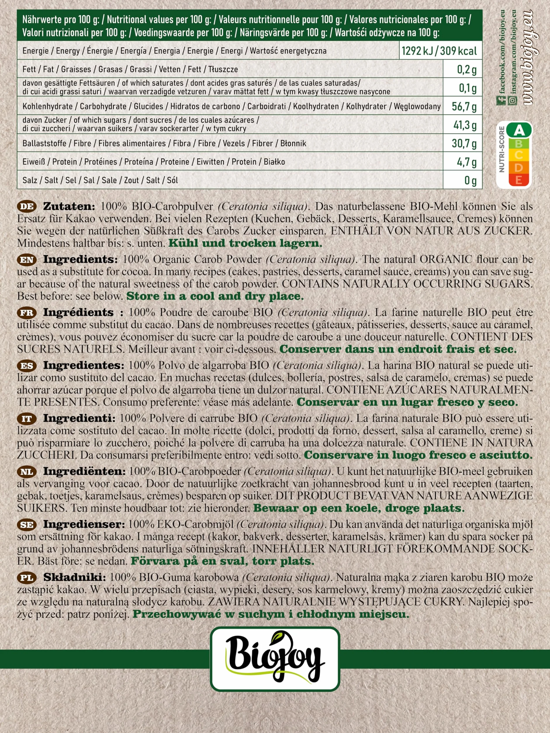 Biojoy BIO-Mączkę chleba świętojańskiego (guma karobowa) (500 g)