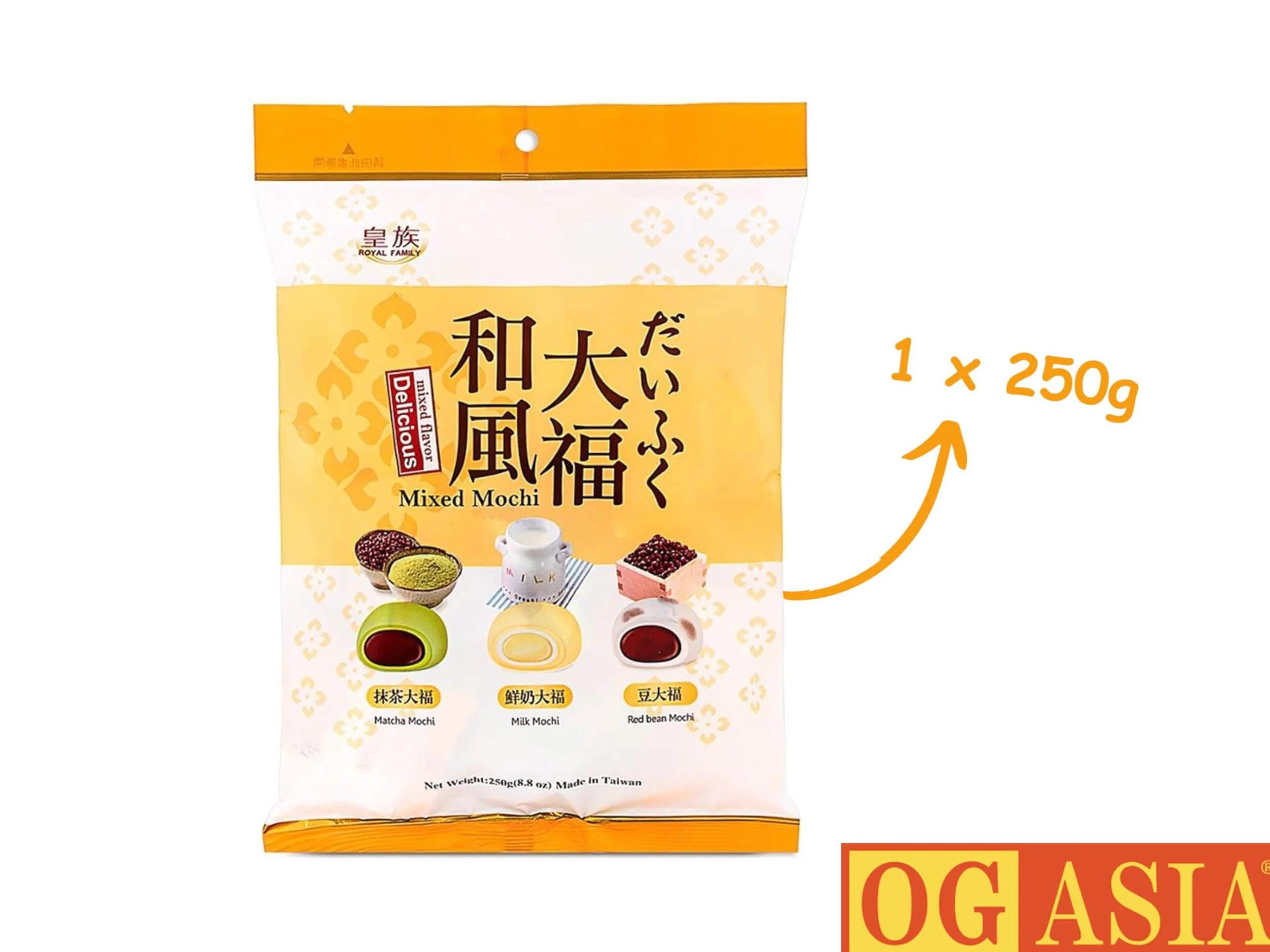 Delicious Pyszne Mini Mochi Mix – 3 rodzaje – mleko, matcha, czerwona fasola – japońskie słodkie potrawy – miękkie i lepkie ciasto ryżowe – OG ASIA – 250 g