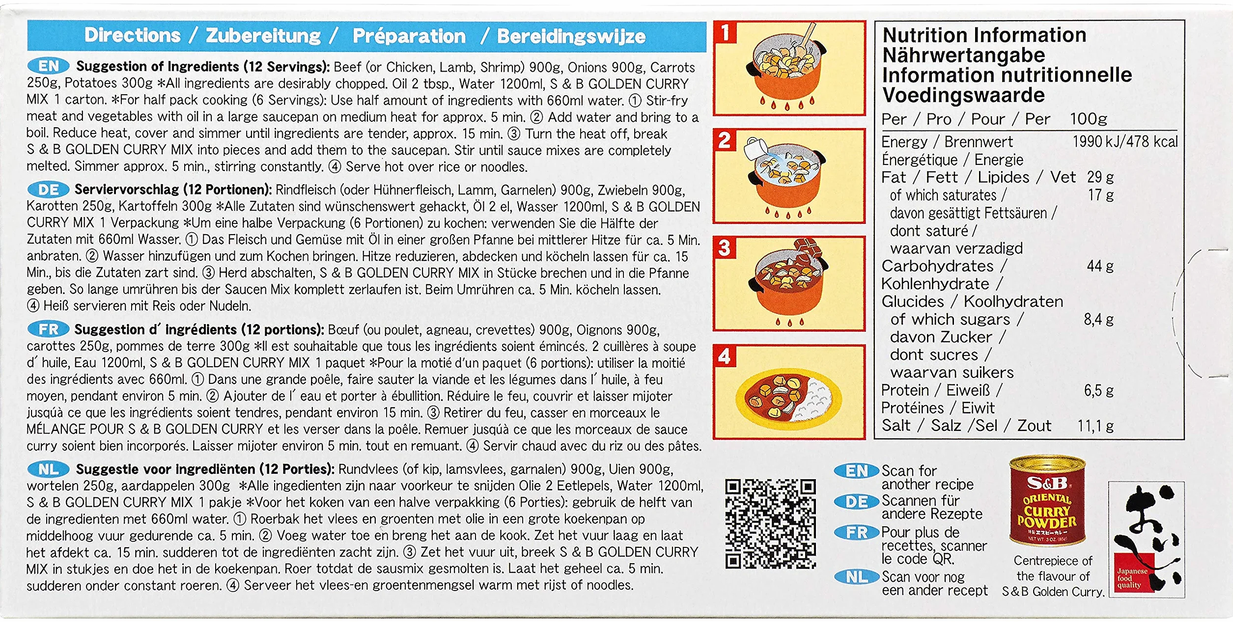S&B Golden Curry łagodny – japońska mieszanka przypraw do przygotowywania potraw curry – 1 x 220 g