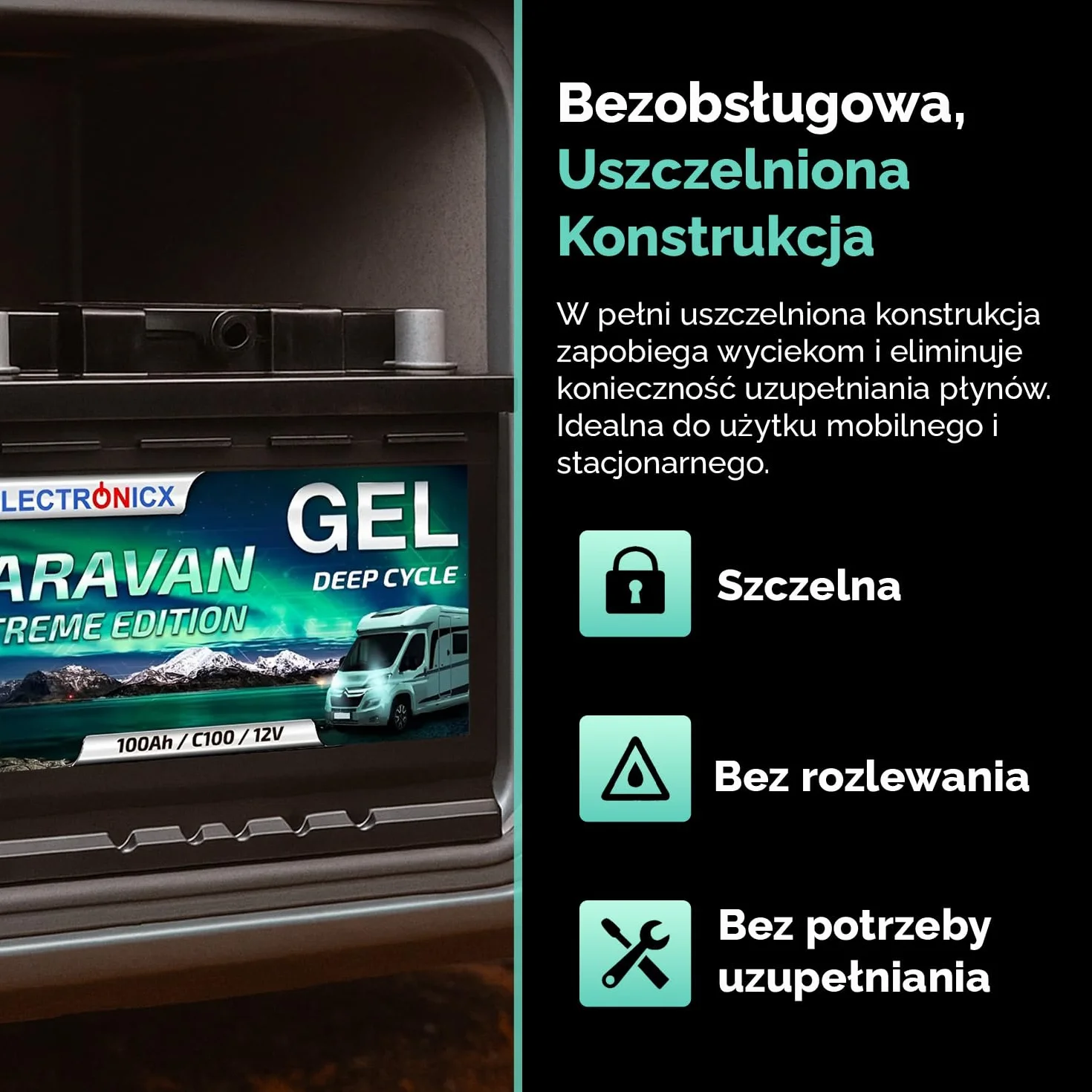 Electronicx CARAVAN EXTREME EDITION 100Ah 12V Żelowy akumulator zasilający 278×175×190 mm