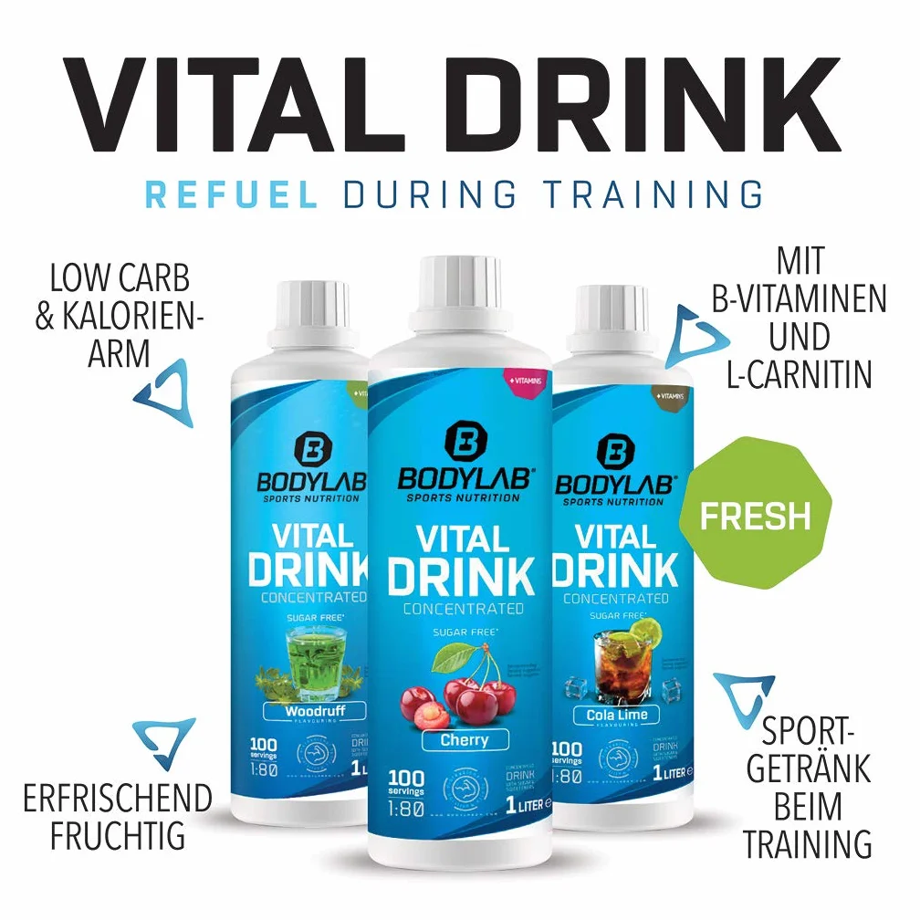 Bodylab24 Vital Drink Concentrated Waldmeister 1000 ml, koncentrat do napojów bez cukru, syrop Zero, z witaminami i L-karnityną, napój sportowy o niskiej zawartości kalorii