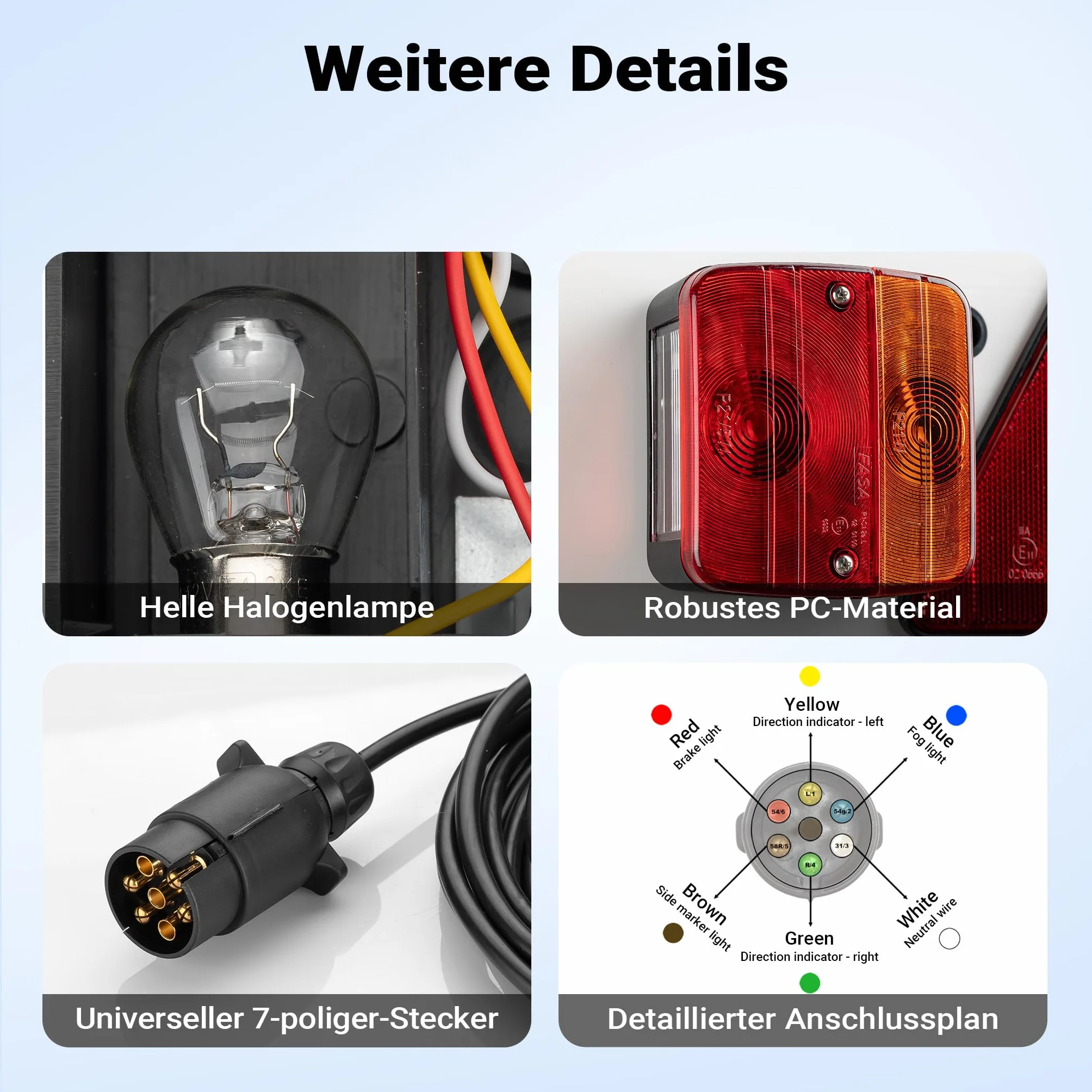 Wiltec Listwa oświetleniowa do przyczepy 7-pinowa 137cm kabel 6m m.in. światła tylne stopu i kierunkowskazy