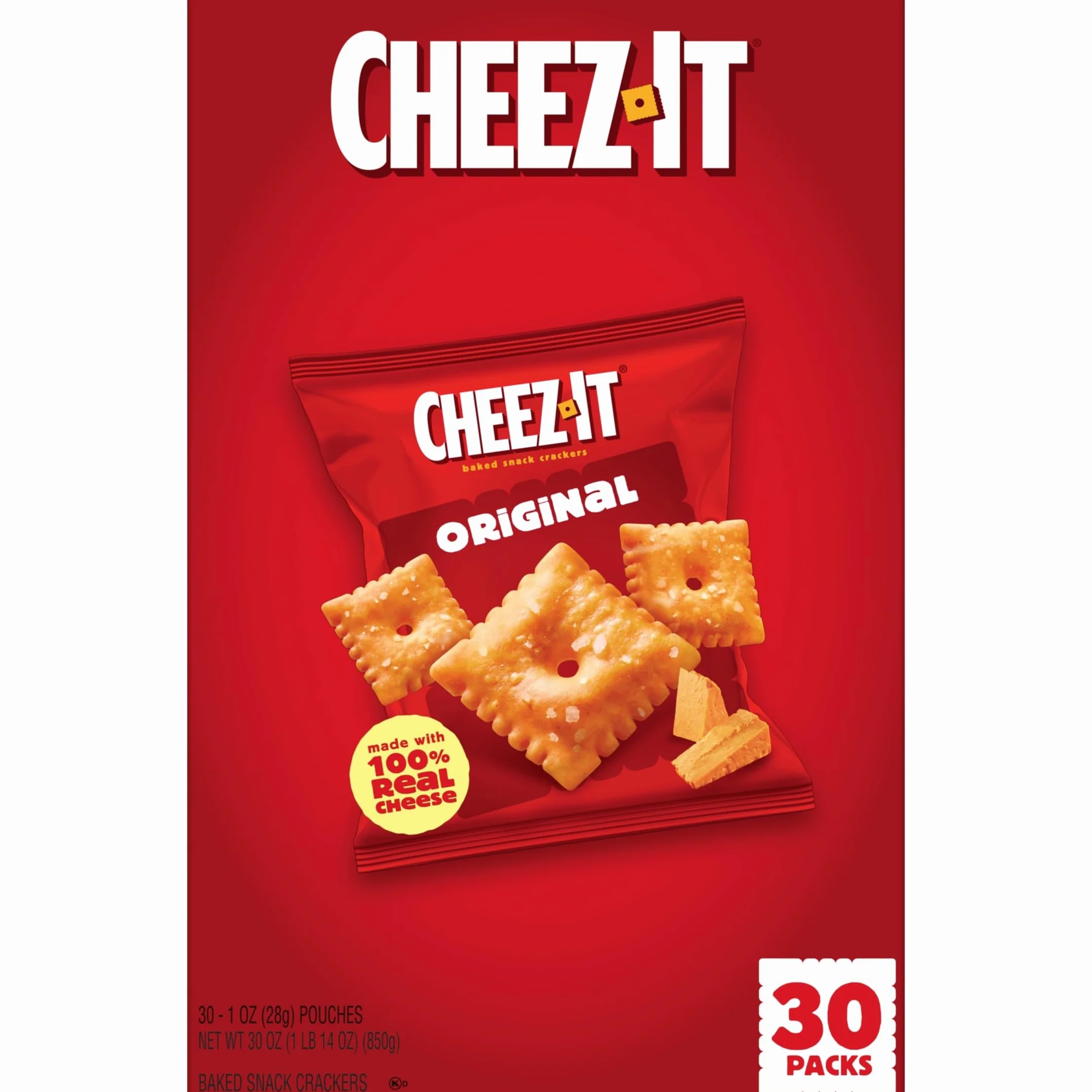 Cheez-It Baked Snack Cheese Crackers, Original, Single Serve, 1 oz Bags (30 Count)