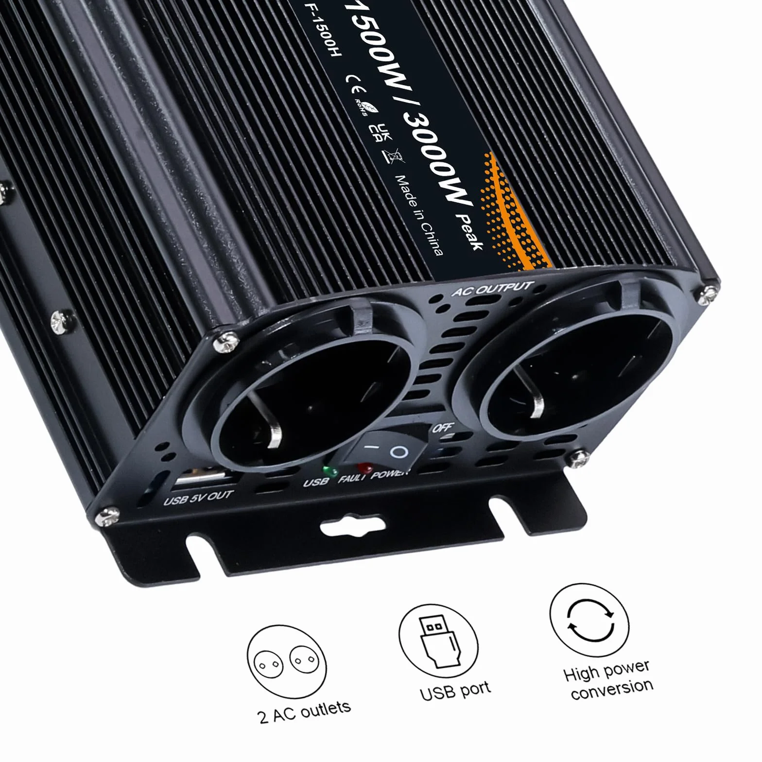 Przetwornica napięcia 12 V, 230 V, 1500 W/ 3000 W, przetwornica prądu z 2 gniazdami, 1 USB