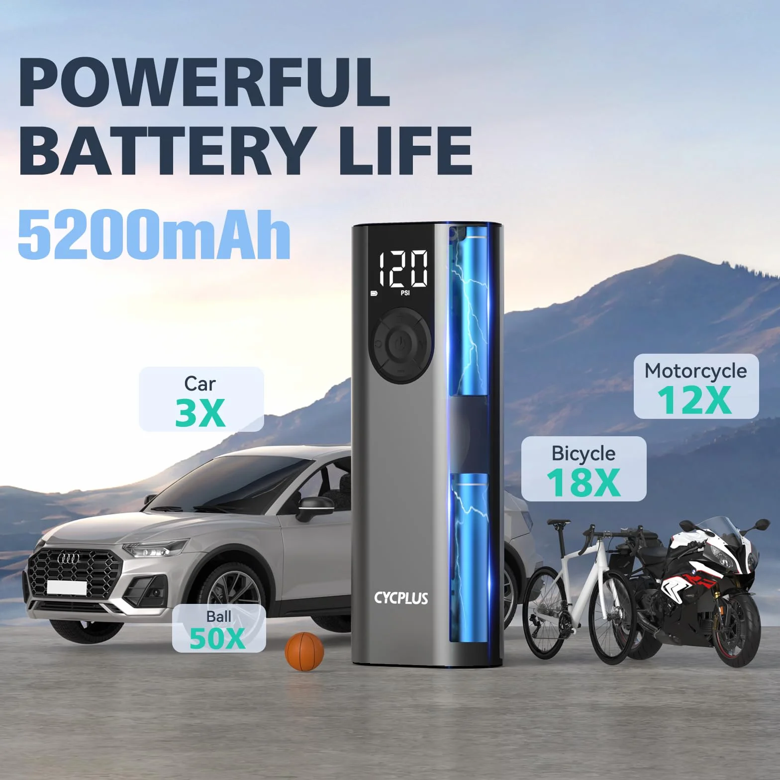 CYCPLUS Pompa powietrza maks. 150 psi, elektryczna sprężarka, przenośna pompka rowerowa, mini pompka do opon z oświetleniem LED, przyłącze USB C, możliwość ponownego ładowania, akumulator