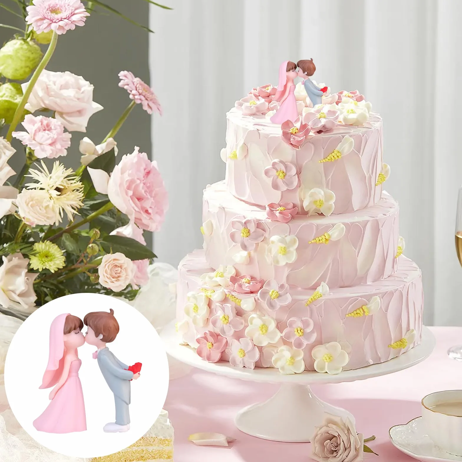 Dekoracje na tort weselny, 4 szt. figurek dla par, niebieski i biały, szary i różowy, materiał PCW, uniwersalna ozdoba na tort na ślub, przyjęcie urodzinowe, prezenty