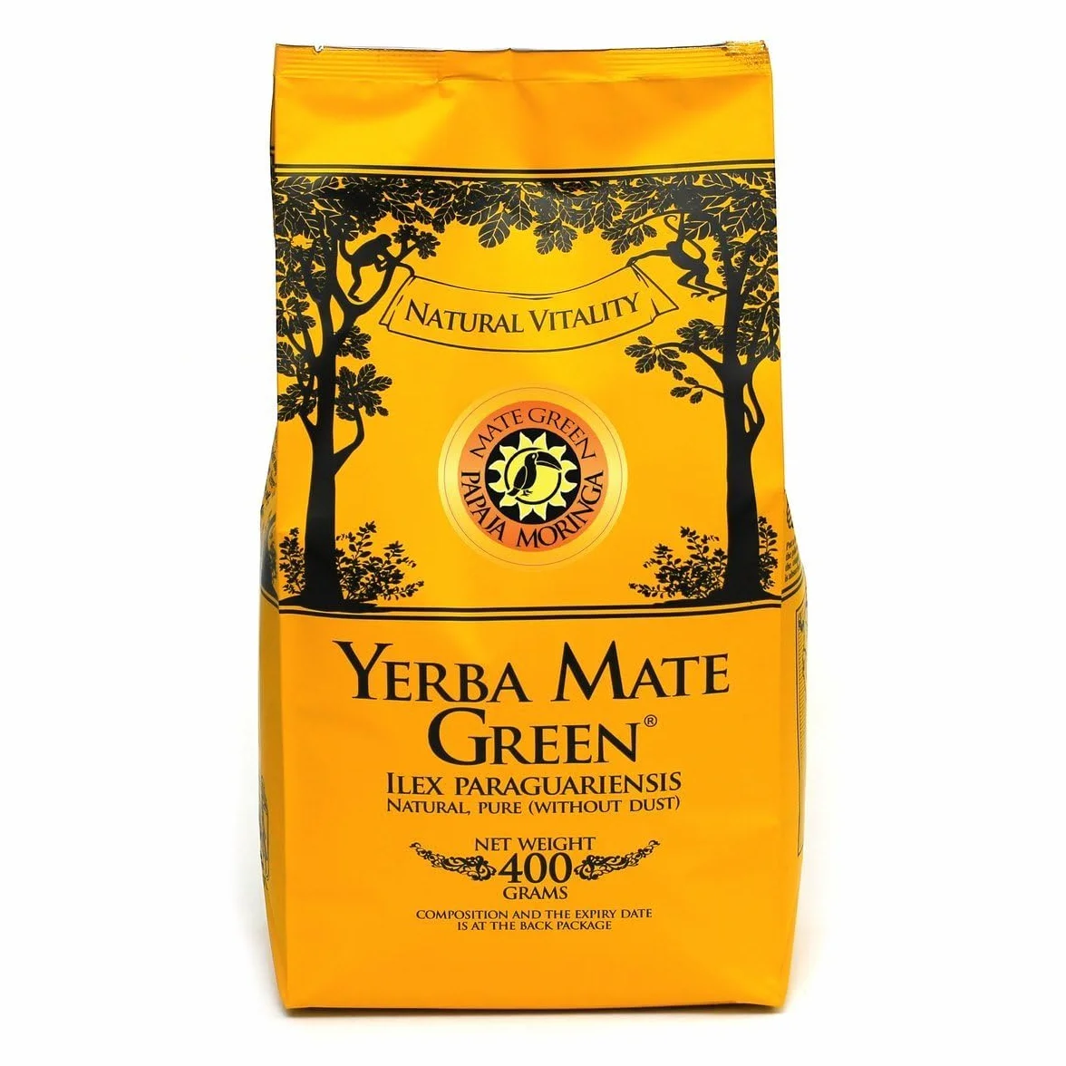 Yerba Mate Green "Papaya Moringa" brazylijska, owocowa herbata mate, 400 g, dojrzała, suszona na powietrzu, bez dymu, bez plastiku, sprawiedlista, herbata Yerba Mate z owocami
