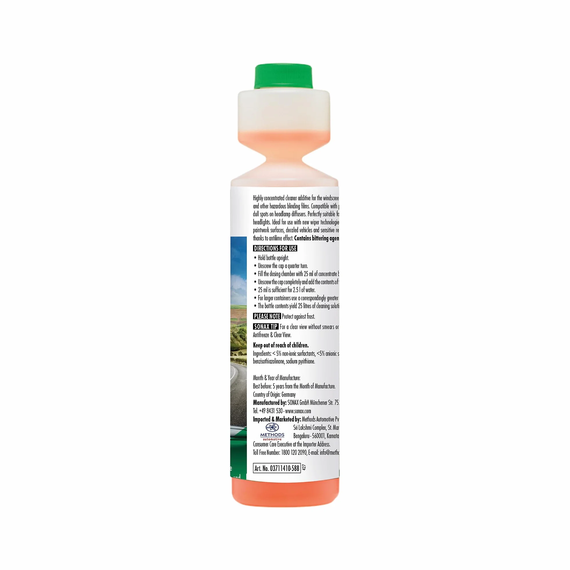 SONAX Czysty widok 1:100 koncentrat (250 ml) – większe bezpieczeństwo dzięki wyraźnemu widzeniu. Do spryskiwacza przedniej szyby. Czyści w ciągu kilku sekund. Nr artykułu: 03711410-544