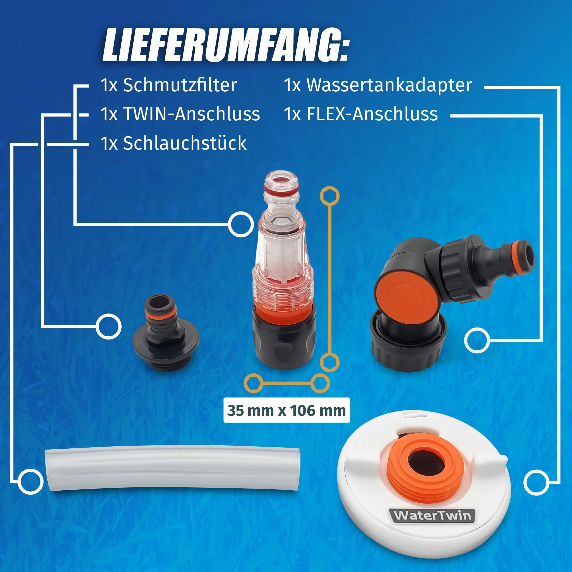 MaJoCompTec® WATERTWIN Adapter do pokrywy zbiornika na wodę z przyłączem wodnym | Adapter do pokrywy zbiornika na wodę do króćca napełniania | Akcesoria do samochodów kempingowych (wersja FLEX +