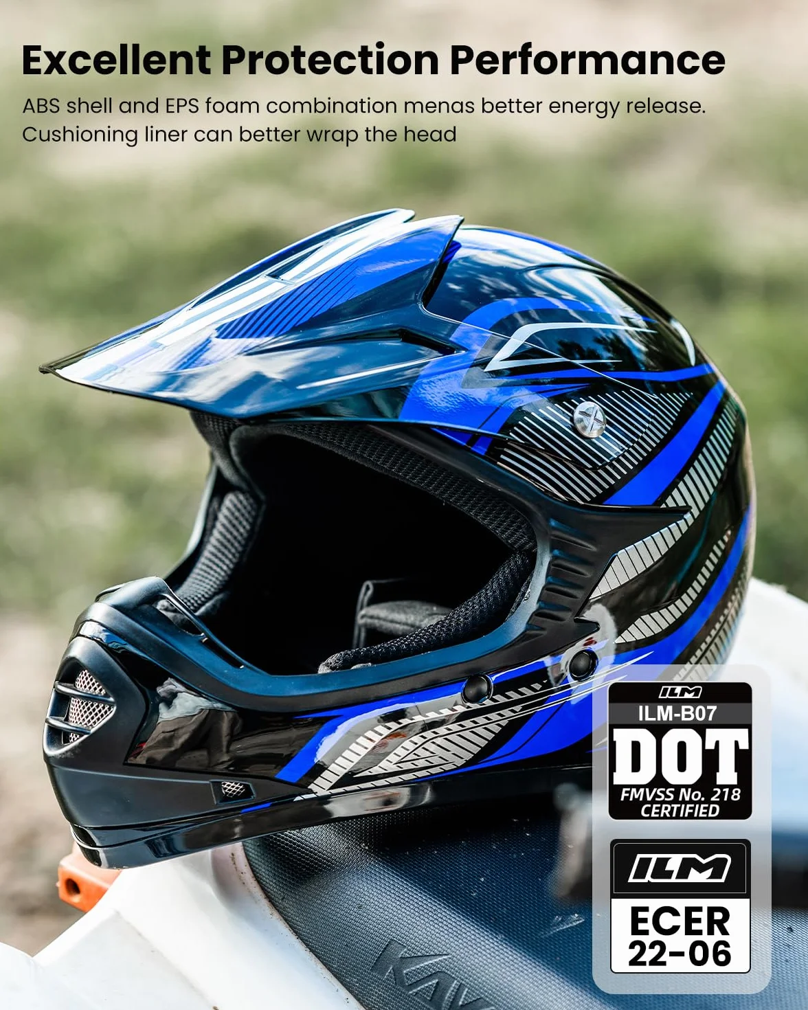 ILM Dziecięcy kask motocyklowy Cross Dirt Bike dla chłopców i dziewcząt, uniseks, homologacja ECE22.06 Full Face Off Road MTB ATV Enduro MTB z rękawicami Gogle Model B07, czarny niebieski, L