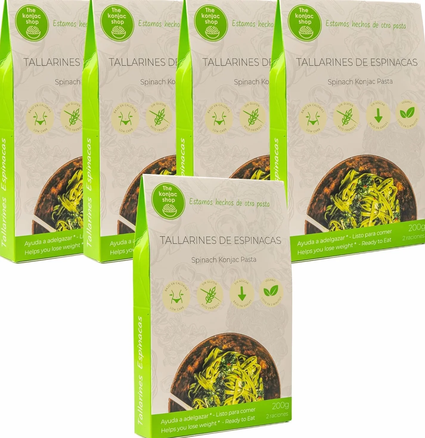 The Konjac Shop - Makaron Konjac ze Szpinakiem 270g Bezglutenowy, Niskokaloryczny, Niskowęglowodanowy, Idealny do Diety Keto (Opakowanie 5 sztuk)