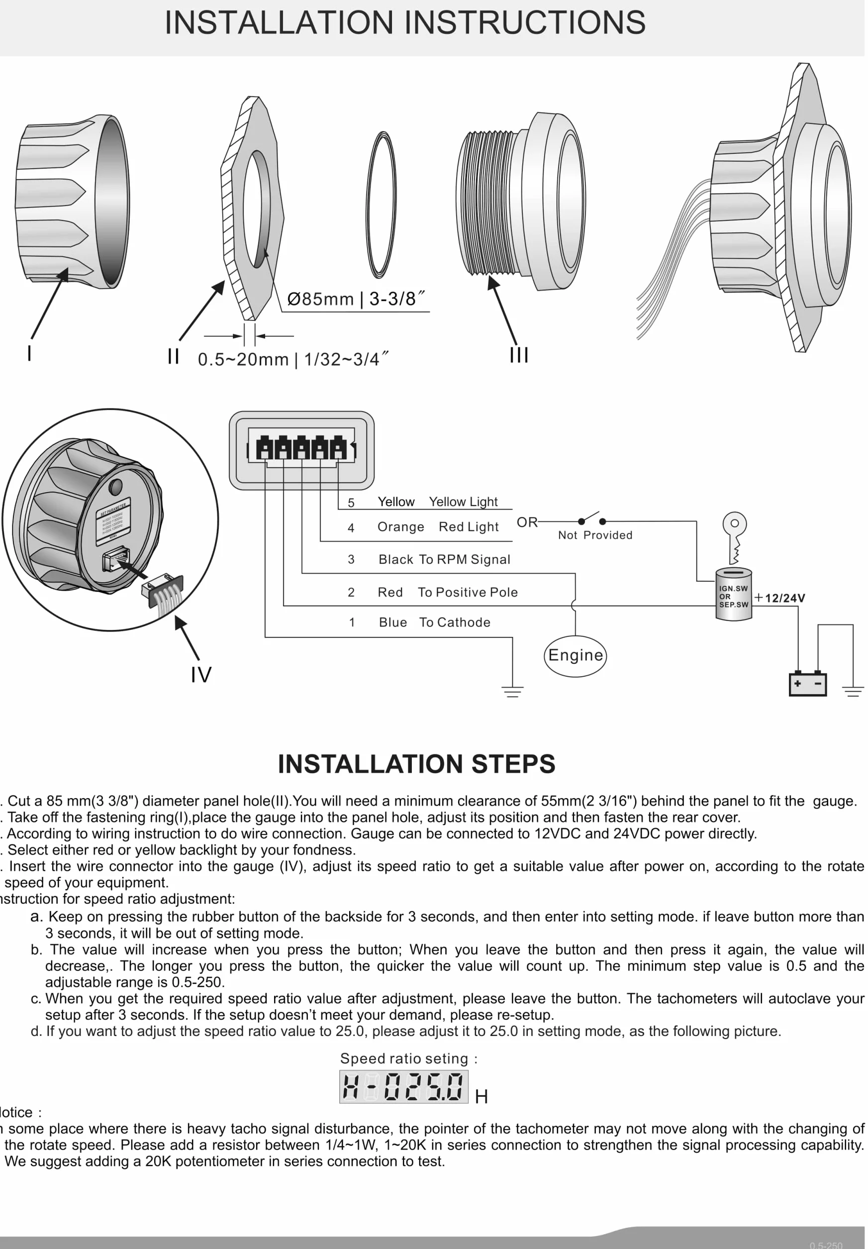 KUS Wasserdichte Drehzahlmesser Drehzahlmesser z Betriebsstundenzähler 3000RPM 85 mm 12 V/24 V Mit Hintergrundbeleuchtung (Czarny)