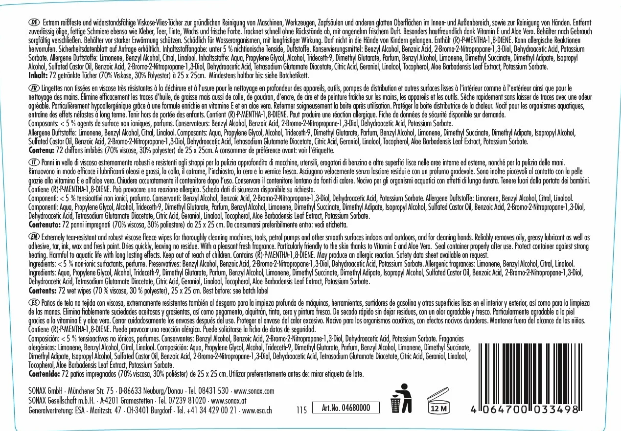 SONAX MultiWipes (72 sztuki) odporne na rozdarcie i wytrzymałe ściereczki z włókniny wiskozowej, usuwa olej, tłuszcz, klej, smołę, tusz, wosk i farbę, nadaje się również do rąk/nr art. 04680000
