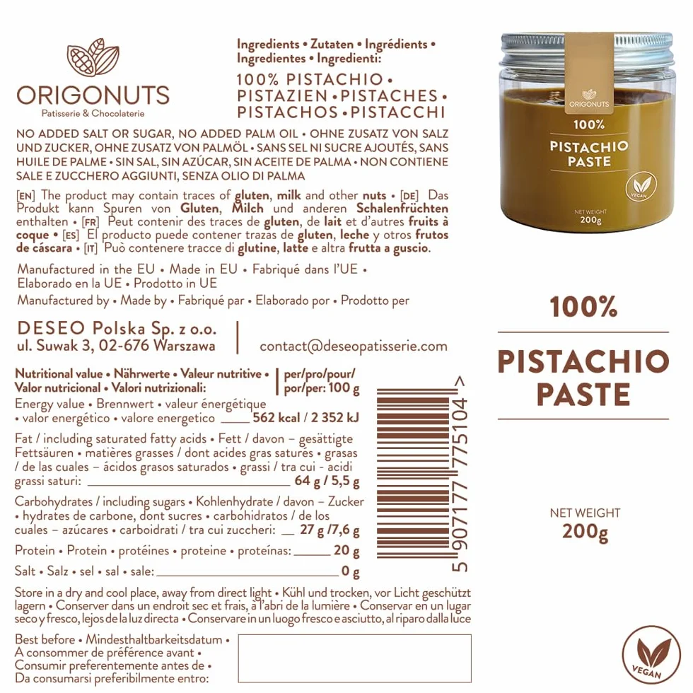 ORIGONUTS - Pasta Pistacjowa, Mus Pistacjowy - 100% pistacji, bez soli, cukru i barwników - do ciast, ciasteczek, tortów, kremów, deserów, lodów, czekolady Dubaiskiej, do pieczenia - 200g