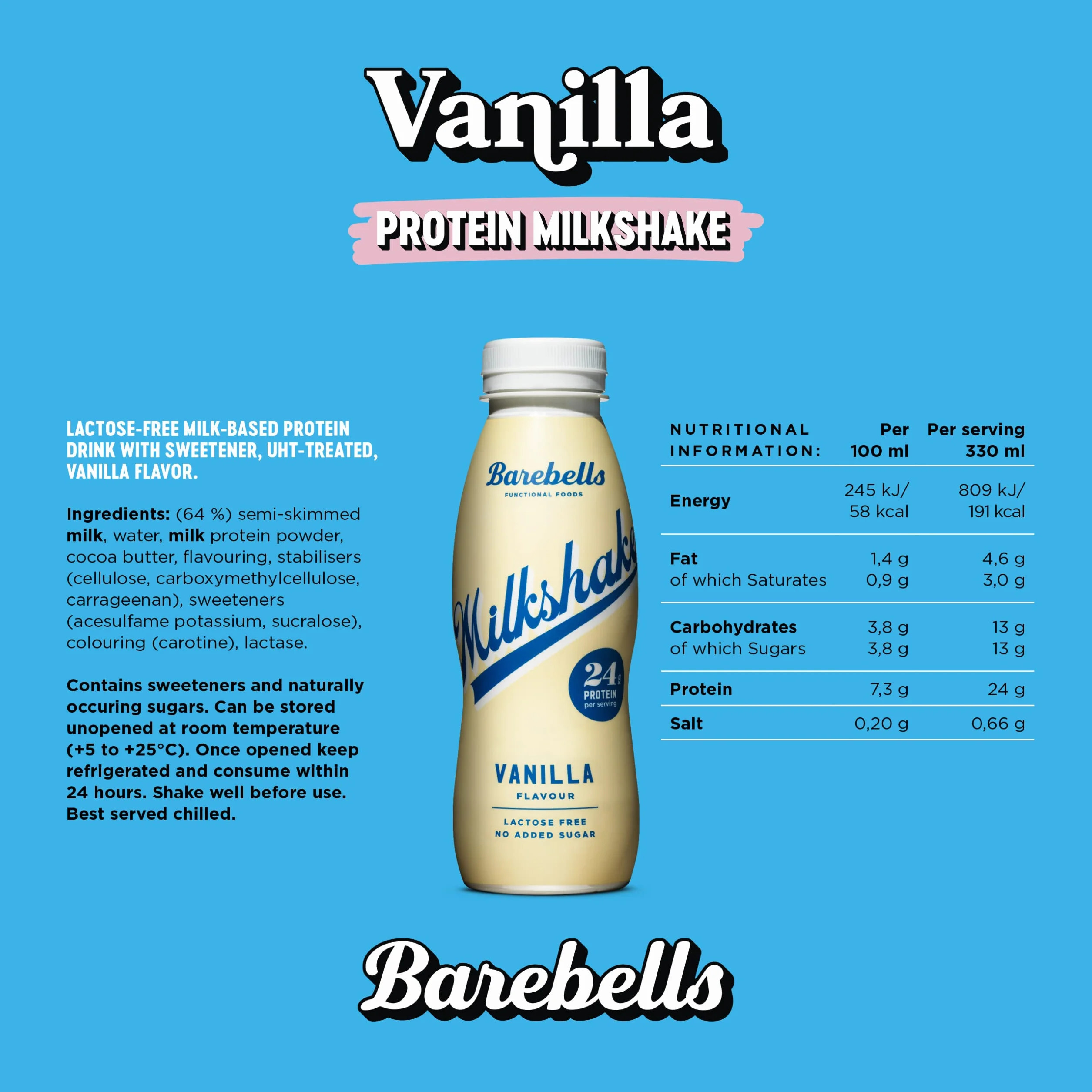 Barebells Kremowy shake białkowy – niskocukrowe, 24 g białka na butelkę, bez laktozy – waniliowy koktajl mleczny, 8 x 330 ml