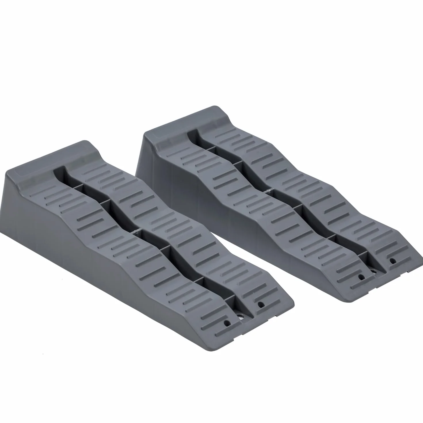 KATSU Tools 2 szt. rampy poziomujące do przyczep kempingowych, pojemność 5 ton, wytrzymałe, 3-stopniowe, plastikowe, kampery, kampery, rampy krawężnikowe, bloki kół, niwelatory, szare, 570 x 200 x 130