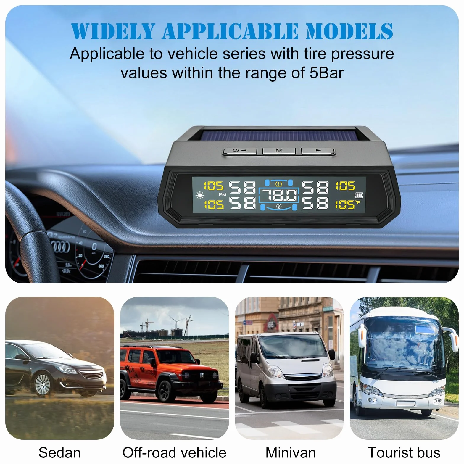 TPMS system kontroli ciśnienia w oponach, zasilany energią słoneczną, cyfrowy system kontroli ciśnienia w oponach TPMS z 4 czujnikami zewnętrznymi, wodoszczelność IPX7, mini monitorowanie ciśnienia w