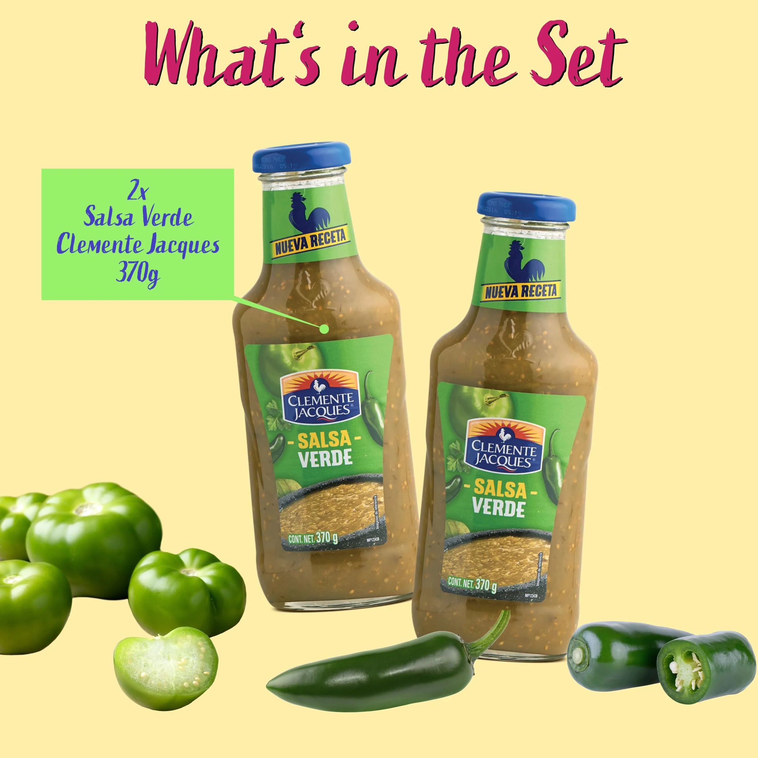 Set ostrych sosów Salsa Verde - (opakowanie 2) Zielony sos z ostrą papryką chili z pomidorami z Meksyku Clemente Jacques plus Lollipop Takis Fuego