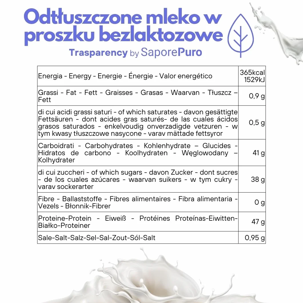 SaporePuro Odtłuszczone Mleko w Proszku Bez Laktozy 1 kg | Wysoka Rozpuszczalność | Idealne do Ciast, Chleba i Lodów | Zastosowanie Profesjonalne i Przemysłowe | Bez Laktozy | Bezglutenowe