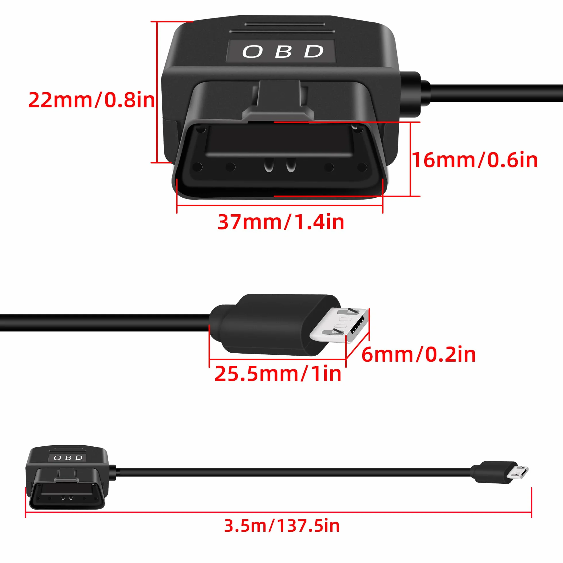 Kabel zasilający OBD do kamery na desce rozdzielczej, adapter przewodowy micro USB na OBD-II ze złączem przycisku przełącznika tryb monitora/tryb ACC (11,5 stóp/3,5 m)