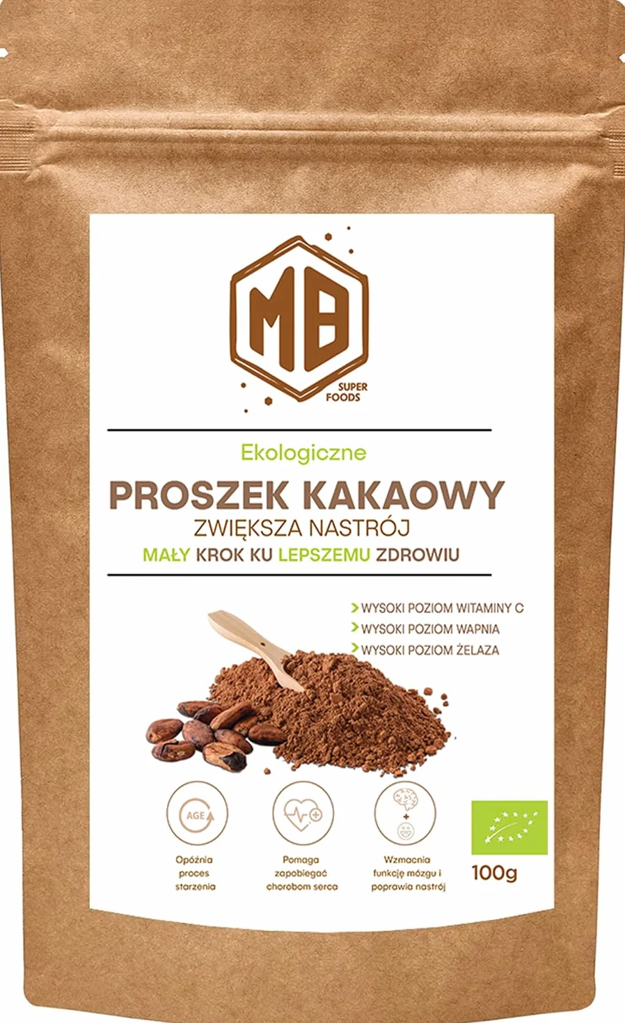 MB Superfoods Organiczny Proszek Kakao - Niesłodzony, Bez GMO, Bezglutenowy, Czysty i Naturalny Proszek Kakaowy do Pieczenia i Koktajli, Codzienne Wsparcie dla Zdrowia i Energii - 100g