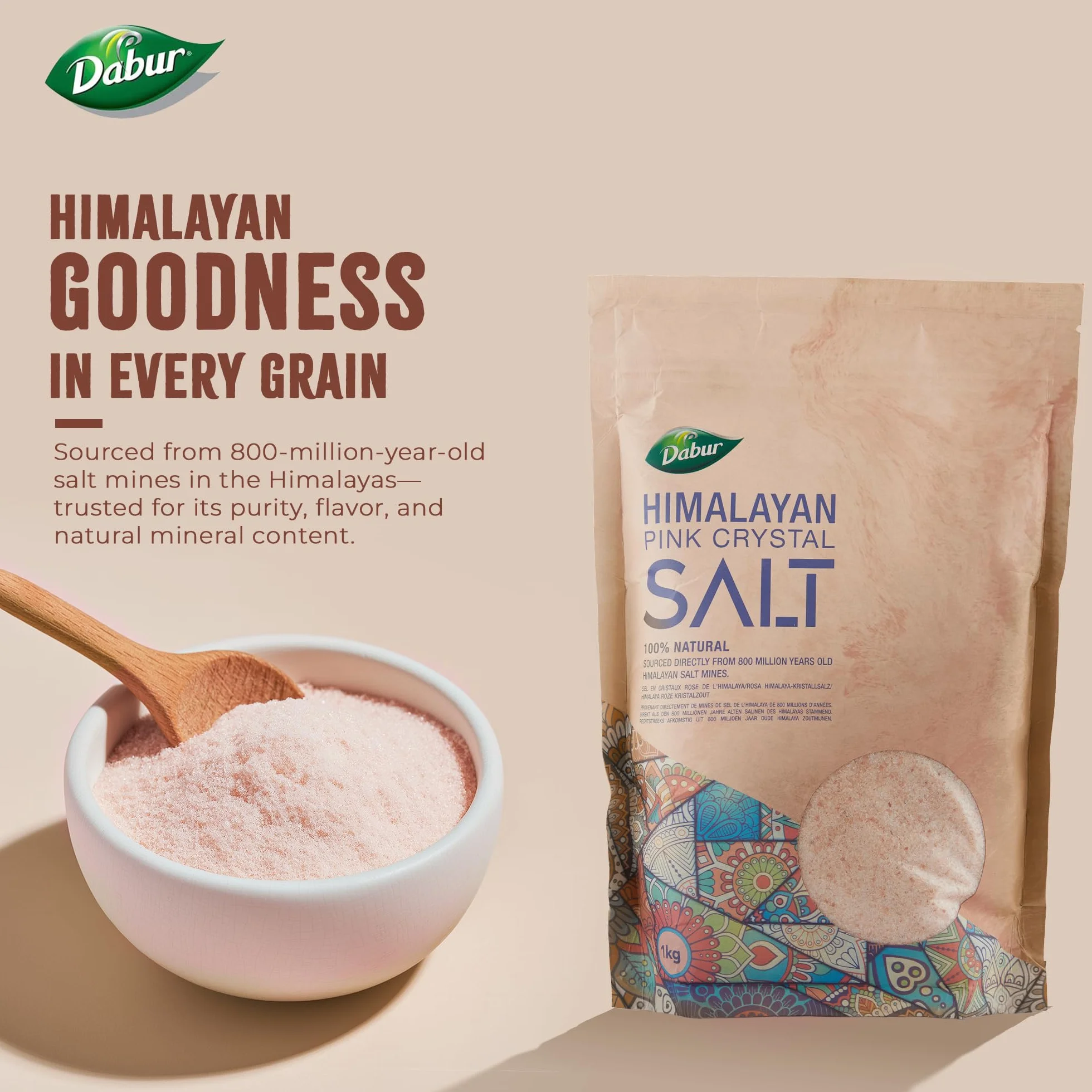 Dabur Himalayan Pure Pink Crystal Salt 1kg Natural Unrefined Gluten Free Halal Kosher Certified
