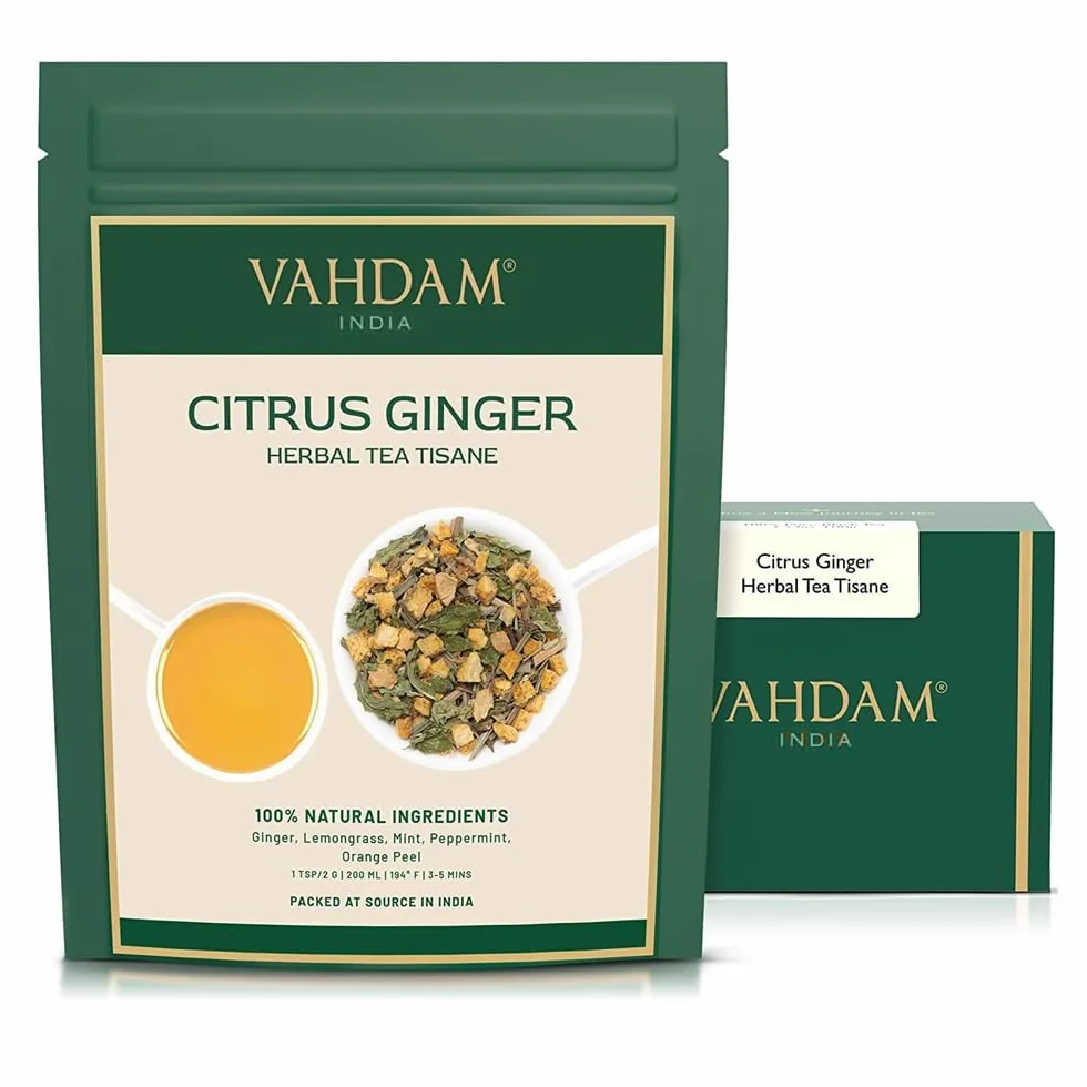 VAHDAM Citrus Imbir Herbata ziolowa Tisane (100 Cups) 100% naturalny DETOX TEA, imbiru, trawy cytrynowej, skórka pomaranczowa, mieta, mieta pieprzowa Ginger Tea Loose Leaf with Pyszne cytrusowy Uwagi 100 g (zestaw 2)