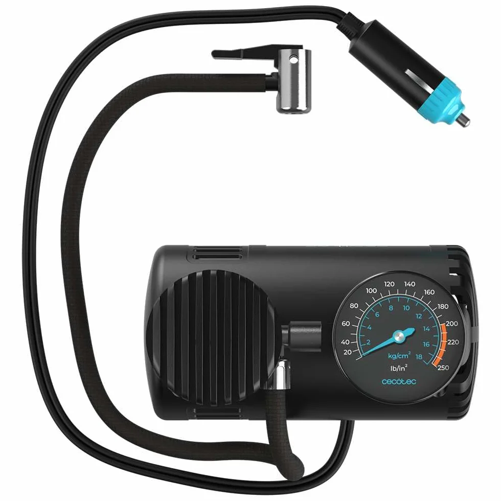 Cecotec CecoRaptor Perfect Pump elektryczna pompka 12 V, maks. prąd 10A, maksymalne ciśnienie 250 PSI, średnica cylindra 16 mm, kabel 2,8 m z zapalniczką, wąż powietrza
